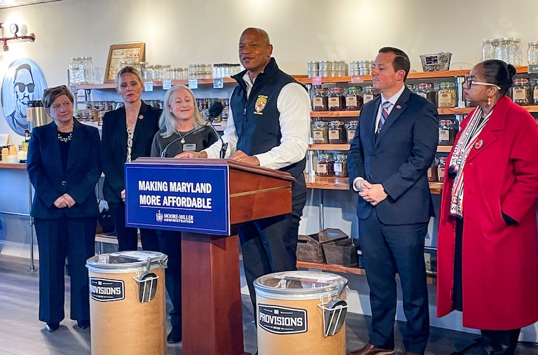 Gov. Wes Moore and lawmakers unveil legislation to limit "dynamic pricing" in grocery stores at an event at BD Provisions in Severna Park on January 20, 2026.