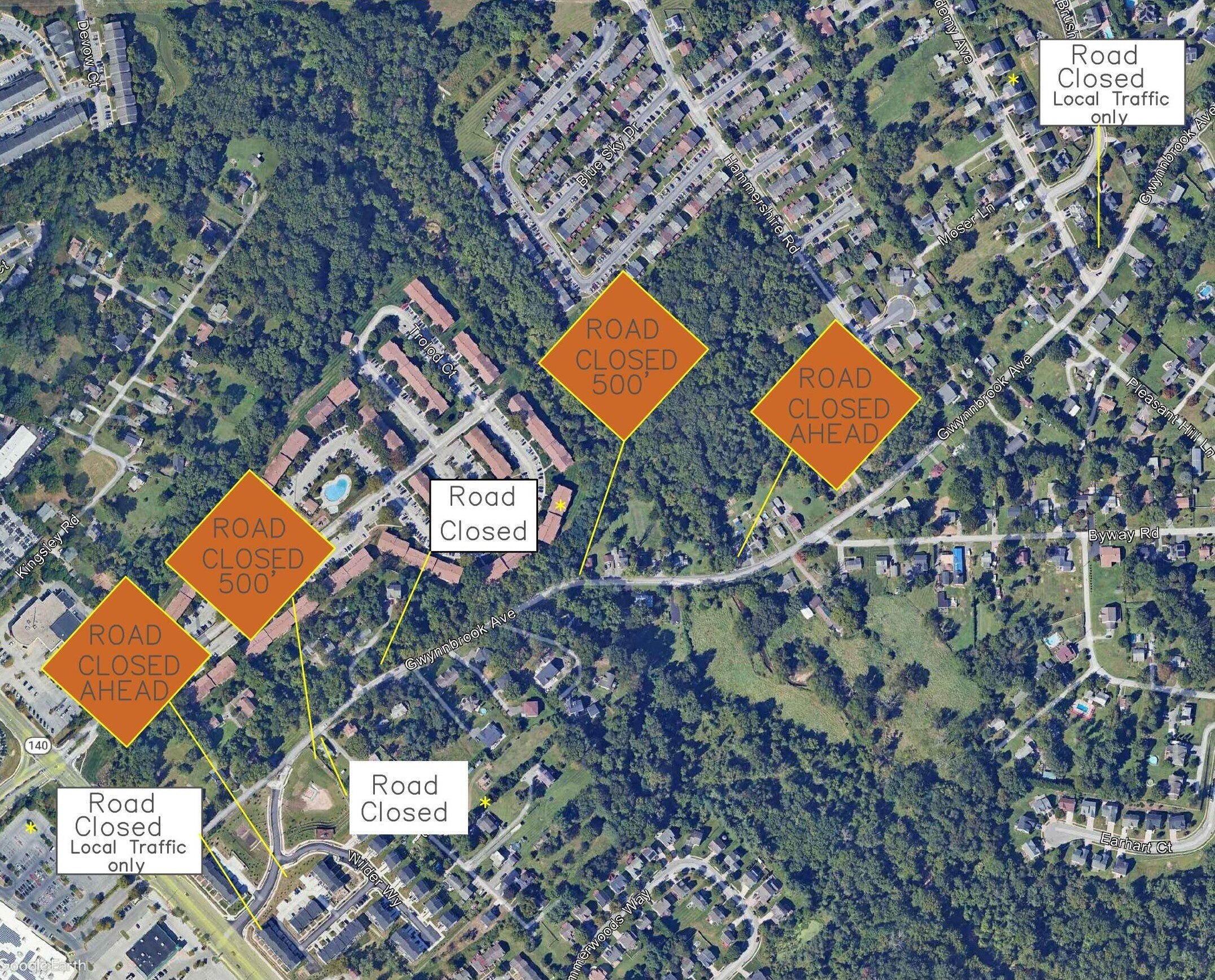 Emergency bridge repairs are forcing road closures on a section of Gwynnbrook Avenue at Walk Avenue in Owings Mills starting Feb. 28, 2025.