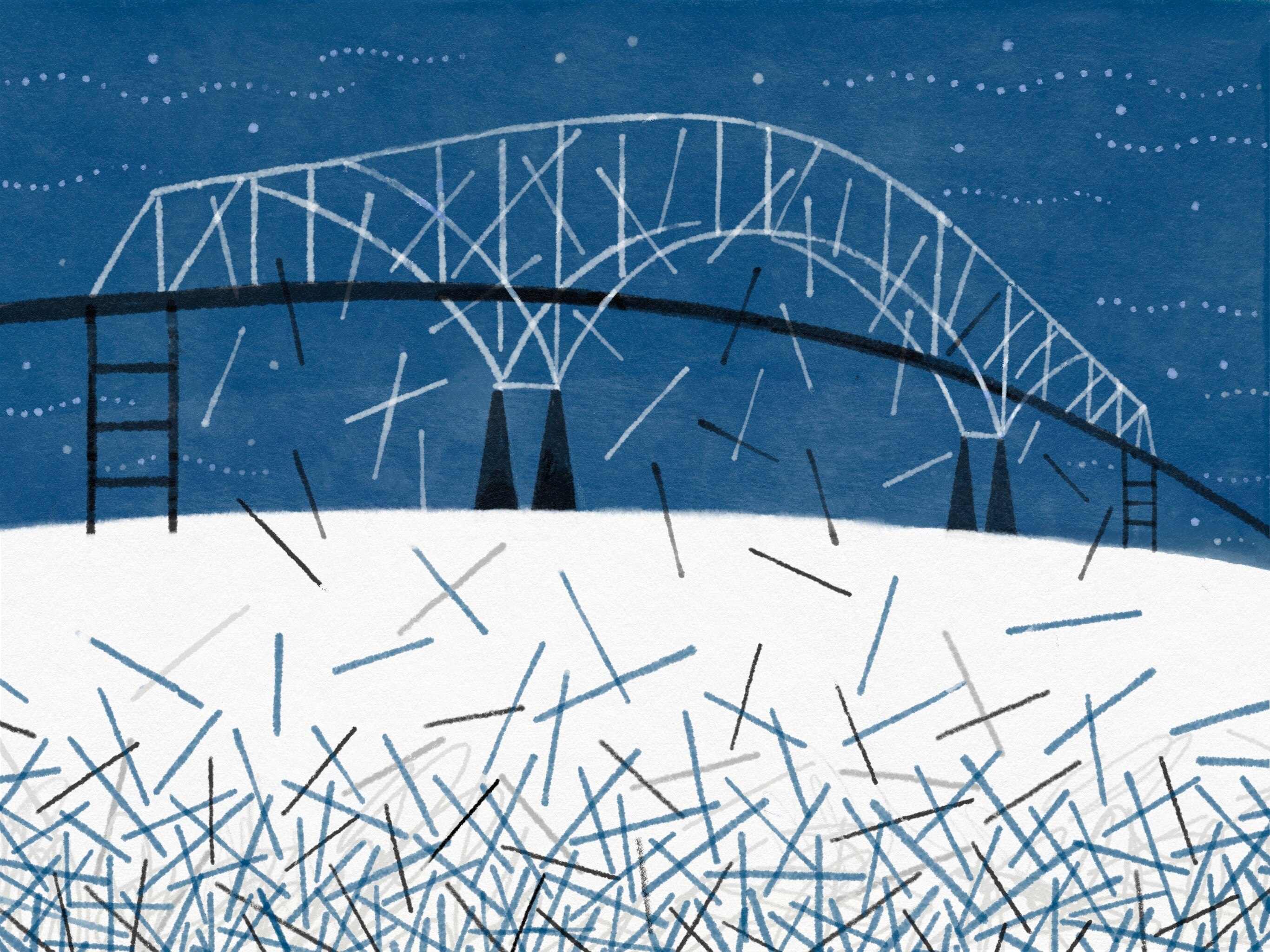 An illustration of the Key Bridge falling, piece by piece.