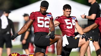 Washington Commanders linebackers Sonny Styles (52) and Leo Chenal (54) work out during practice on July 30.