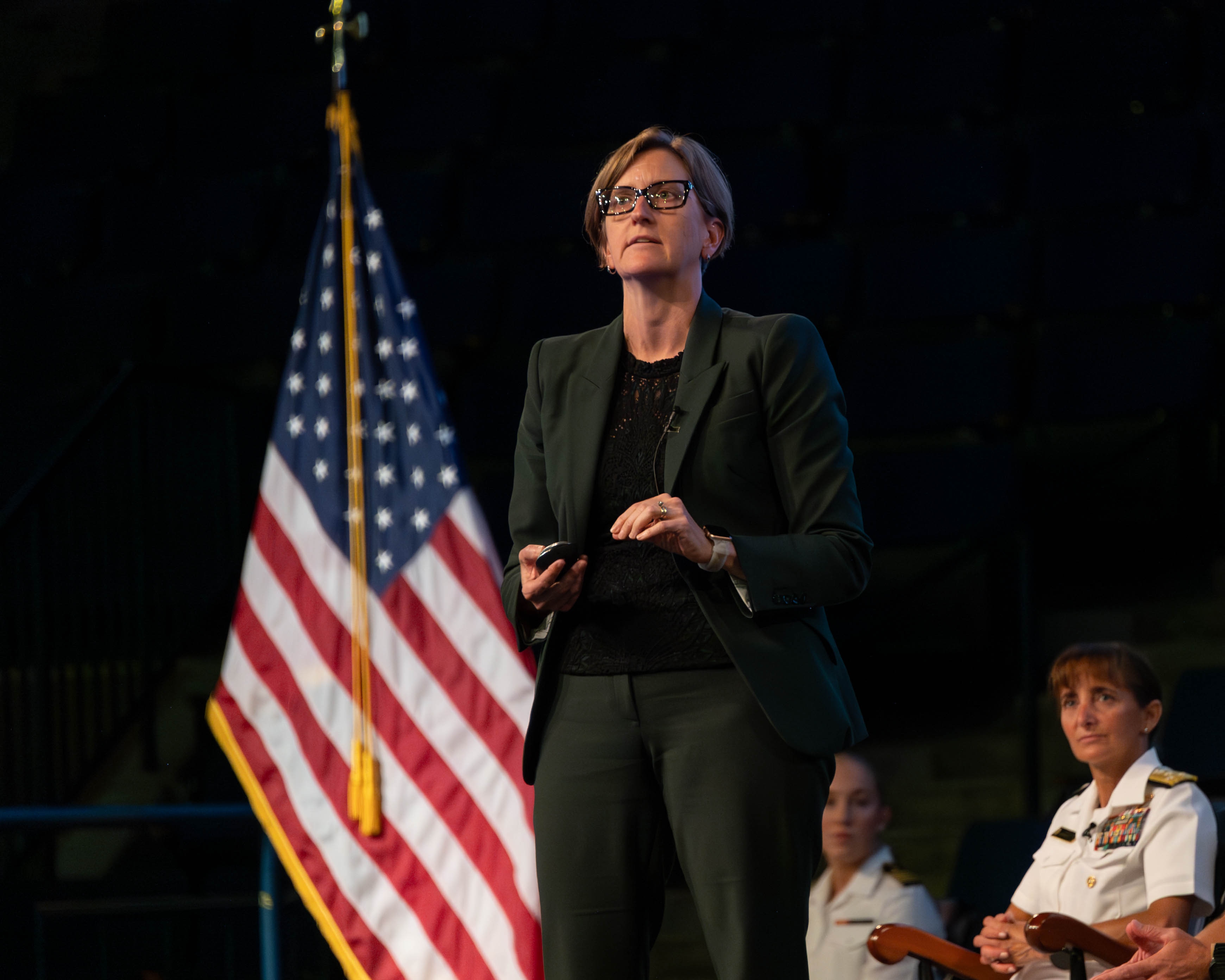 Naval Academy provost Samara L. Firebaugh addresses the Brigade of Midshipmen at the start of the new school year in August 2024.
