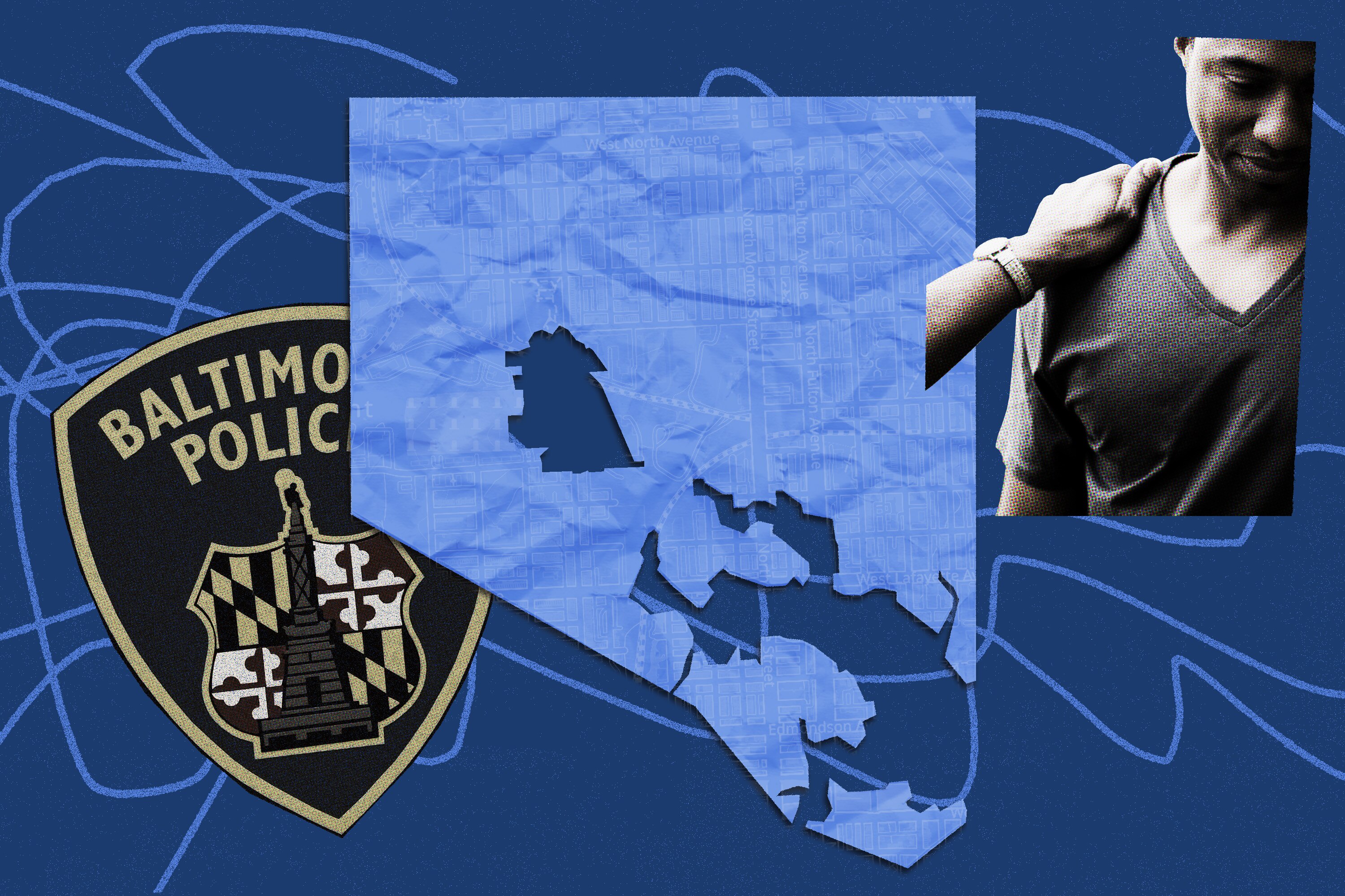 Photo collage showing map of Baltimore City with Western District cut out, Baltimore police badge, and man with another man’s hand on his shoulder.