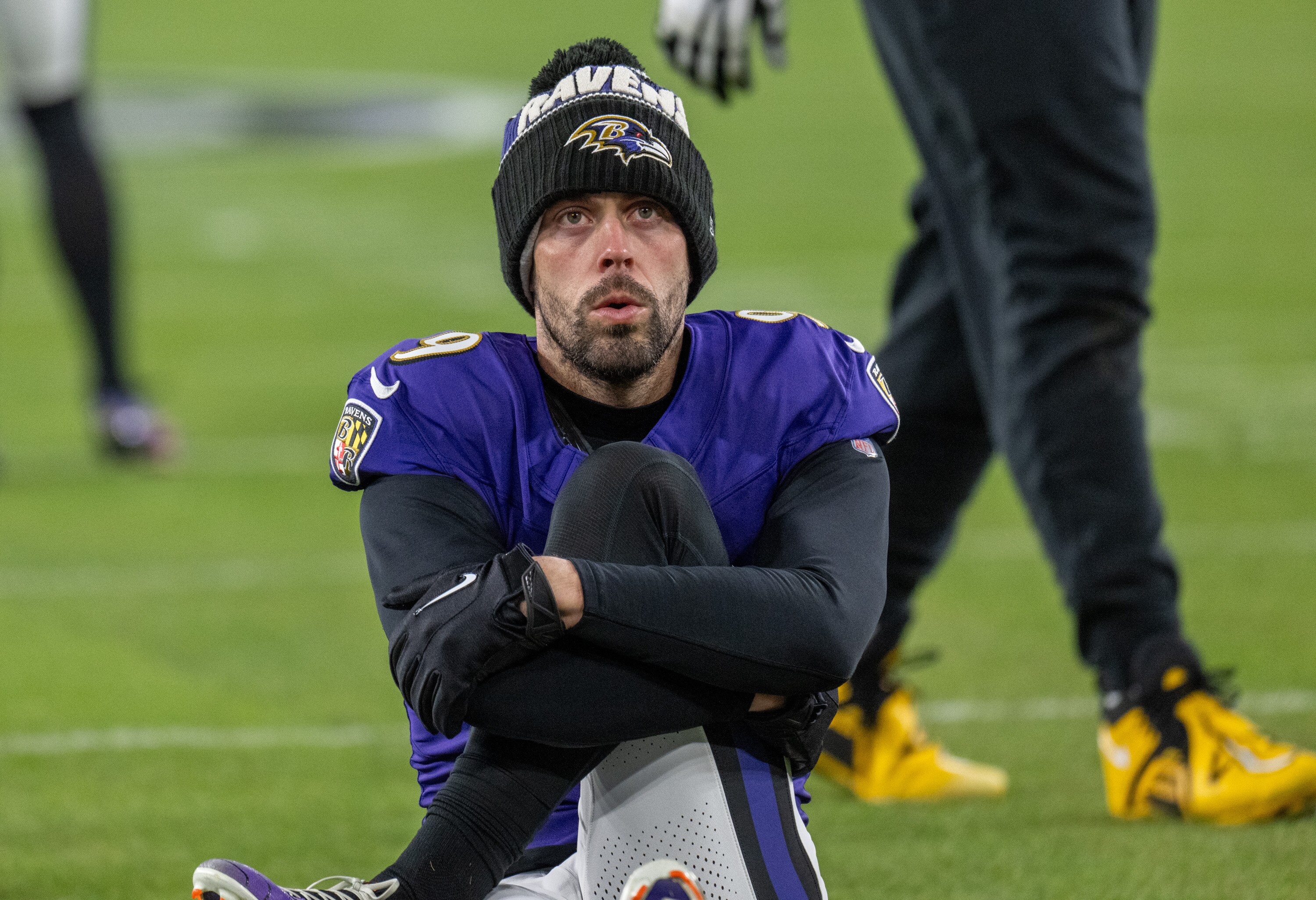 Baltimore Ravens place kicker Justin Tucker (9) warms up on the Steelers’ end of the field prior to the Baltimore Ravens’ AFC wild card playoff game at M&T Bank Stadium on Saturday, January 11.