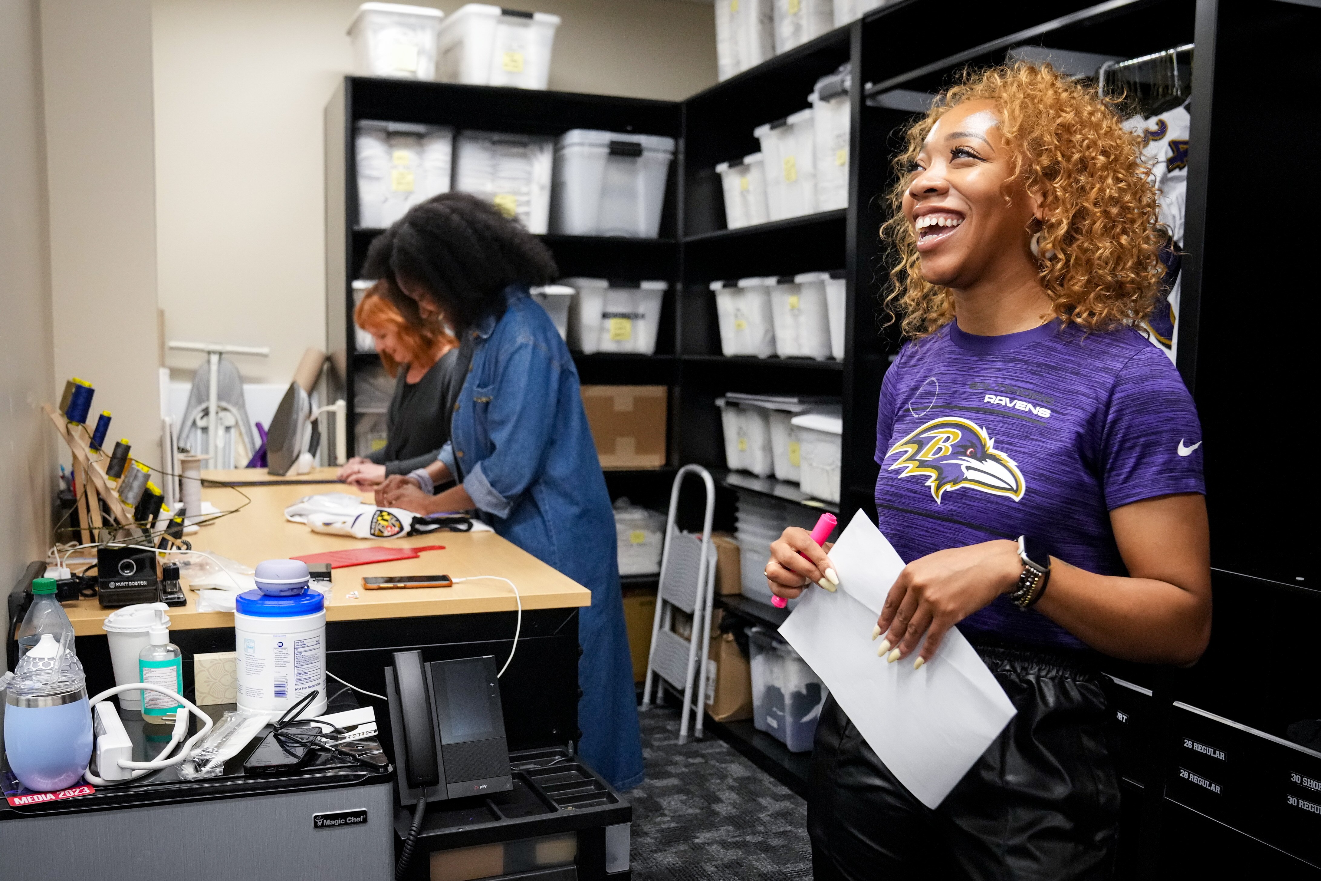Ebony Short, the Baltimore Ravens sewing manager, gives a tour of her team’s working space inside the Under Armour Performance Center in Owings Mills on May 14, 2024.
