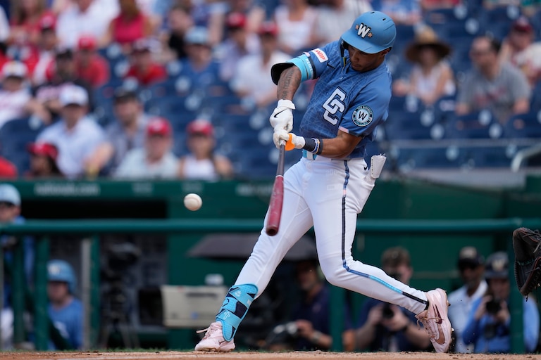 Daylen Lile #4 of the Washington Nationals hits an RBI triple against the Seattle Mariners during the first inning at Nationals Park on June 13, 2026 in Washington, D.C.