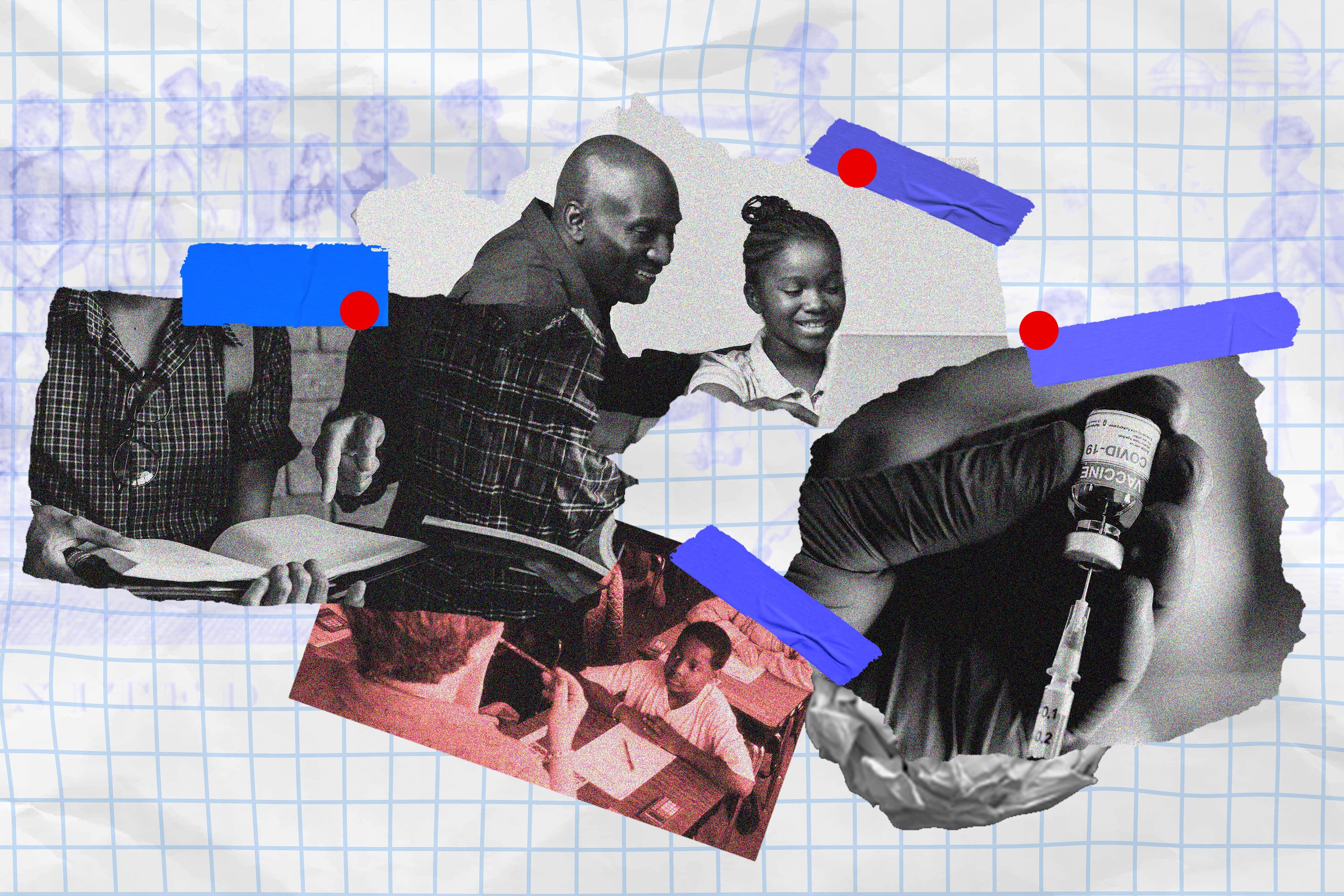 Students in classroom, reading book, with parent, and COVID vaccine