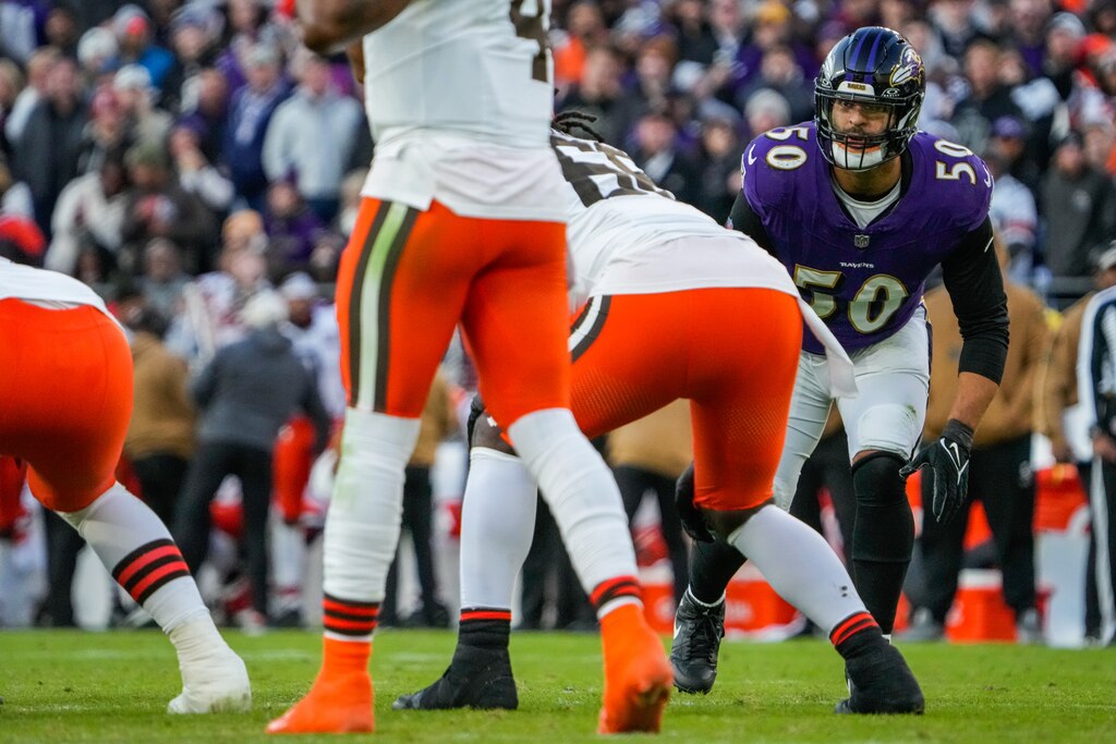 Baltimore Ravens linebacker Kyle Van Noy (50) lines up before the snap during the fourth quarter against the Cleveland Browns at M&T Bank Stadium on Sunday, Nov. 12, 2023.