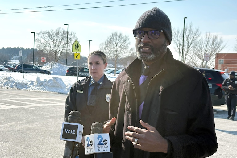 FEBRUARY 4, 2026 -Anne Arundel County Public Schools Superintendent Dr. Mark T. Bedell speaking with Anne Arundel County Police Captain Jacklyn Davis in the background outside Freetown Elementary School in Glen Burnie.