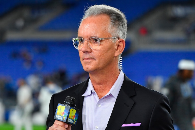 Gerry Sandusky during a pregame broadcast before an NFL football game between the Baltimore Ravens and the Indianapolis Colts on Monday, Oct. 11, 2021, in Baltimore.