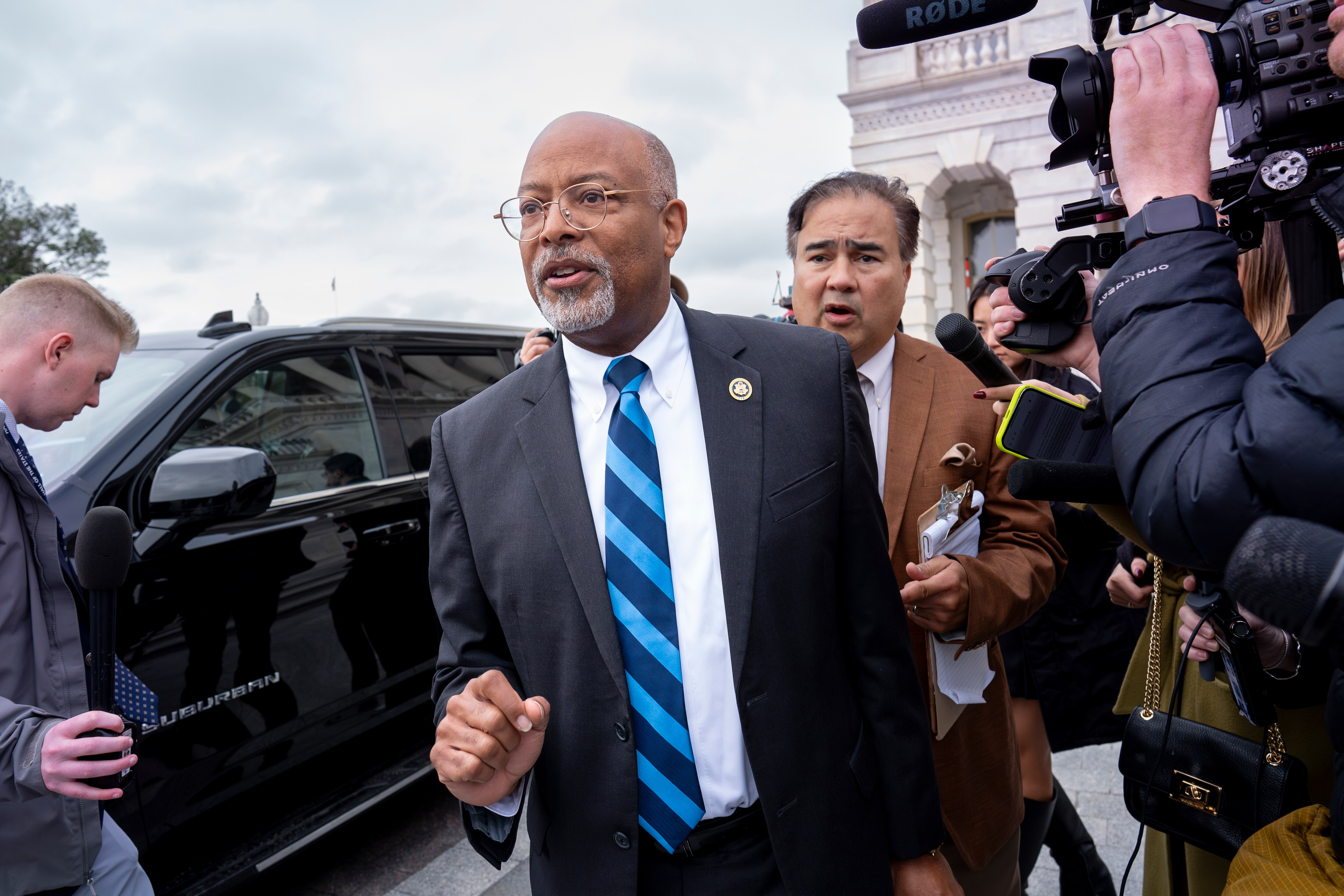 Rep. Glenn Ivey, D-Md., a member of the House Ethics Committee, is met by reporters asking about President-elect Donald Trump's nomination of Rep. Matt Gaetz, R-Fla., to be attorney general, on the Capitol steps in Washington, Friday, Nov. 15, 2024.