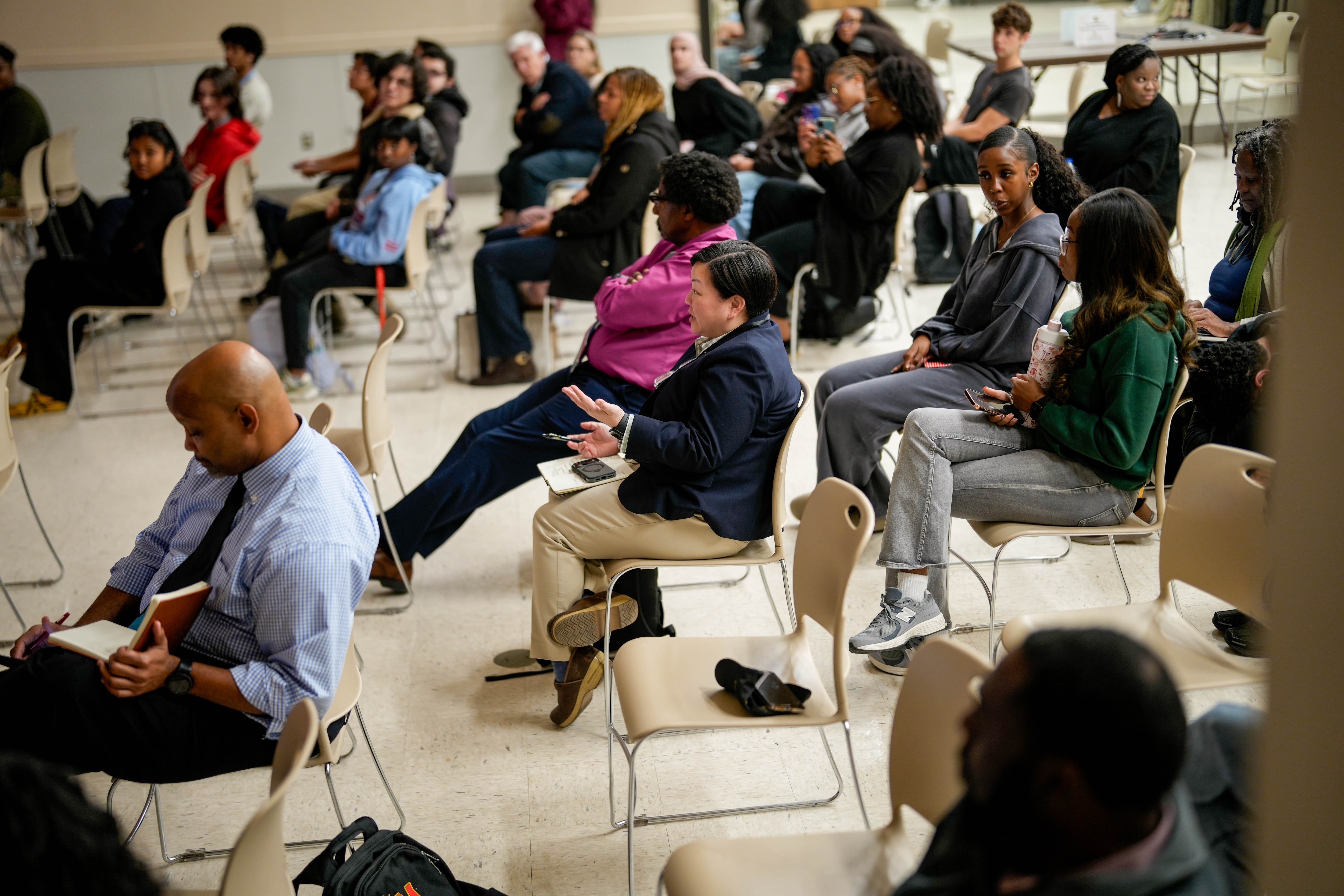 University of Maryland, College Park, students gather Thursday evening at the Nyumburu Cultural Center to discuss their campaign for accountability over a racist illustration shared by members of the club tennis team.