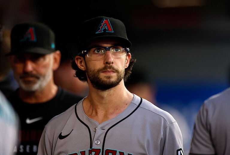 Zac Gallen of the Arizona Diamondbacks in the dugout after the fourth inning against Los Angeles Angels on July 12.