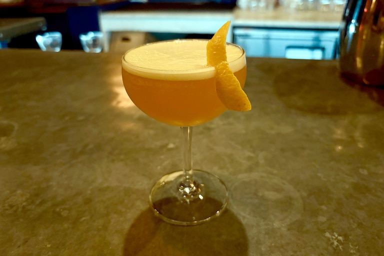 The Squash Sidecar from Bluebird Cocktail Room is zingy and sweet from squash, lemon, and ginger.