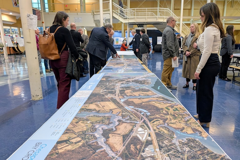Maryland Transportation Authority planners rolled out a map of both sides of the Chesapeake Bay Bridge at a public hearing Thursday in Stevensville.