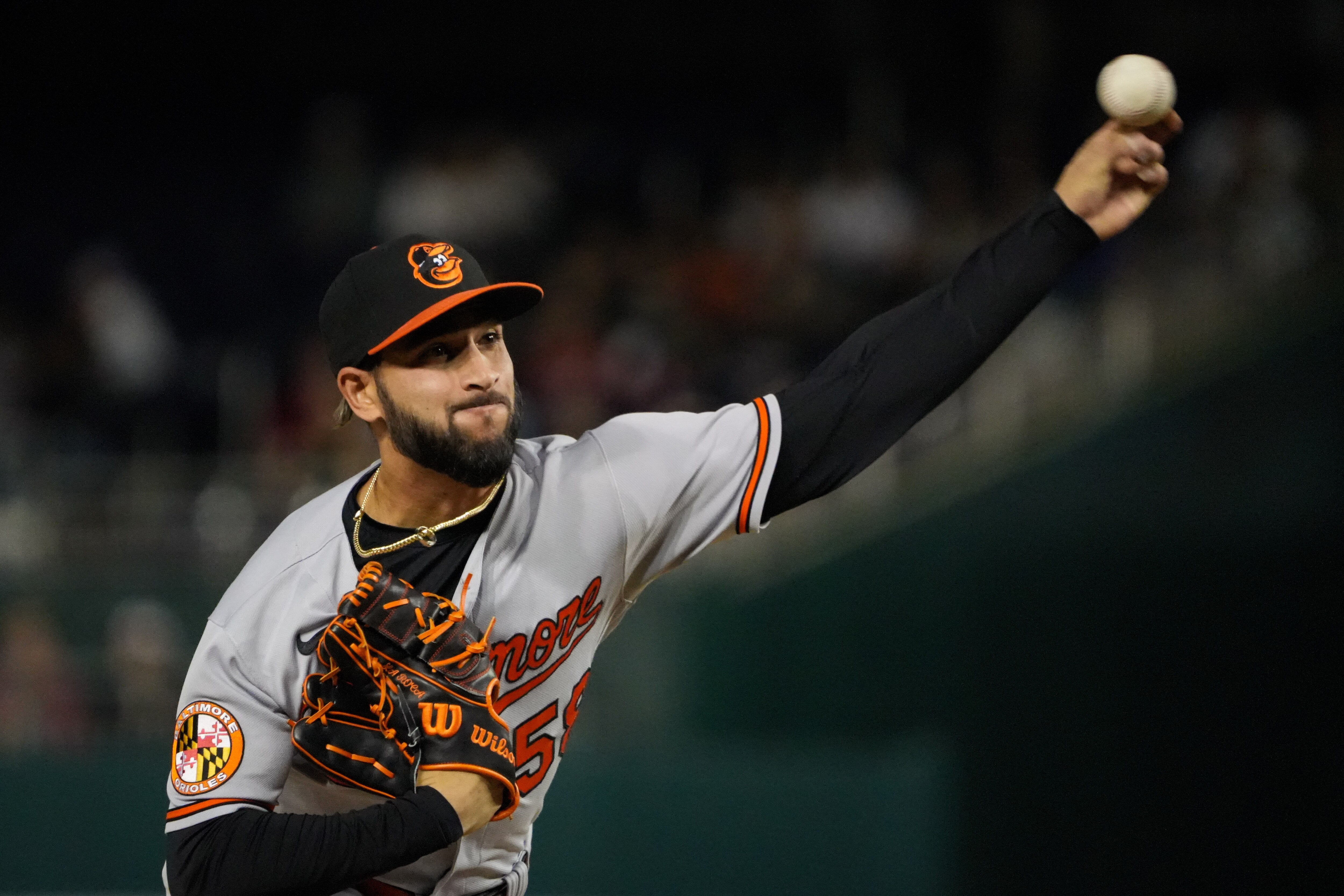 Baltimore Orioles relief pitcher Cionel Perez (58) throws a pitch in a baseball game against the Washington Nationals at Nationals Park on Wednesday, April 19. The Orioles beat the Nationals, 4-0, to win the 2-game series.