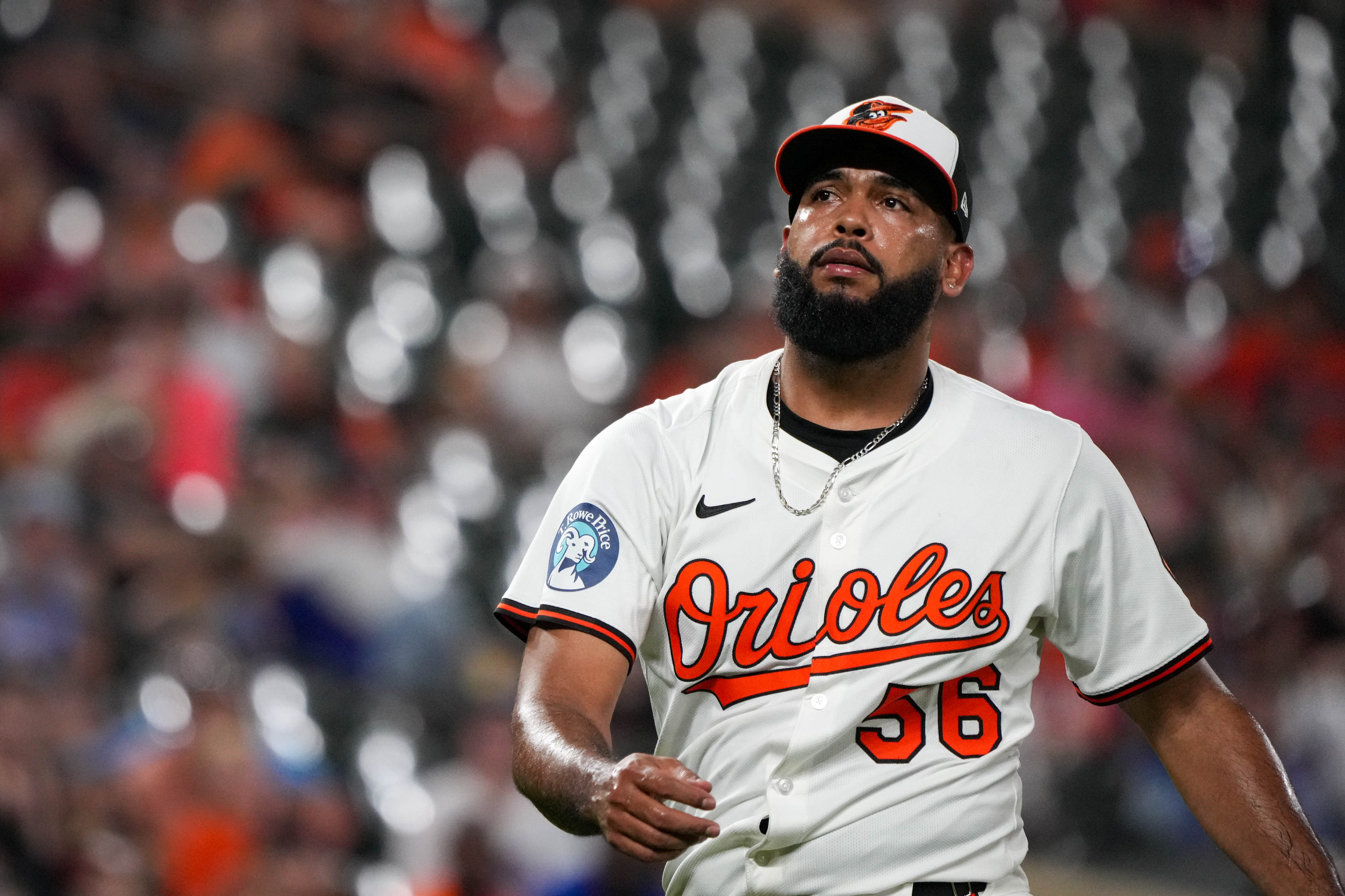 Baltimore Orioles pitcher Seranthony Domínguez (56) returns to the dugout in the middle of the 10th inning of a game against the Texas Rangers at Orioles Park at Camden Yards in Baltimore, Md. on Tuesday, June 24, 2025.