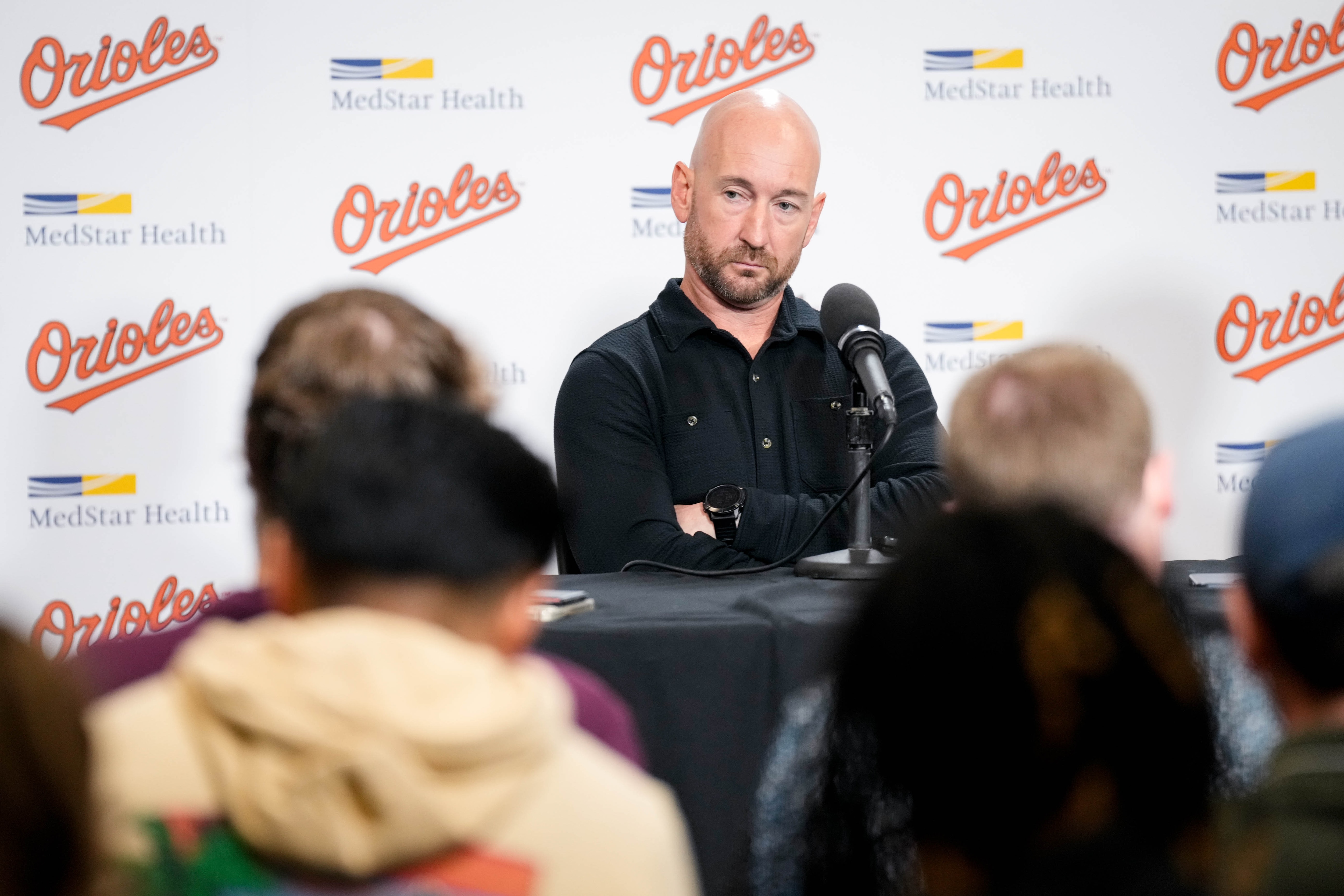 Baltimore Orioles manager Craig Albernaz takes questions from reporters during the team’s end of season news conference today. 