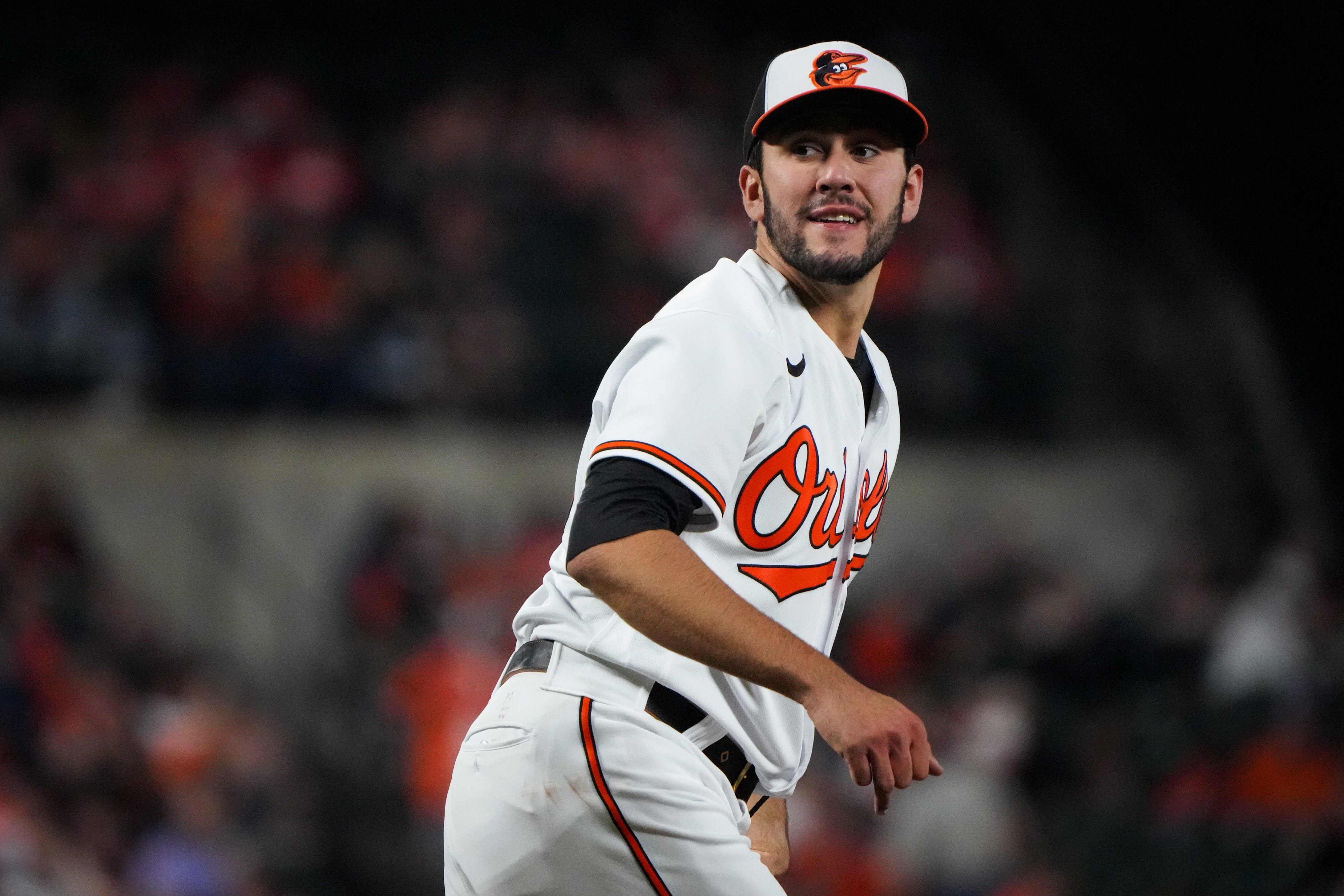 Baltimore Orioles starting pitcher Grayson Rodriguez (30) smiles after throwing a strike in a baseball game against the Oakland Athletics at Camden Yards on Tuesday, April 11. The Orioles beat the Athletics, 12-8, in the second game of the series.