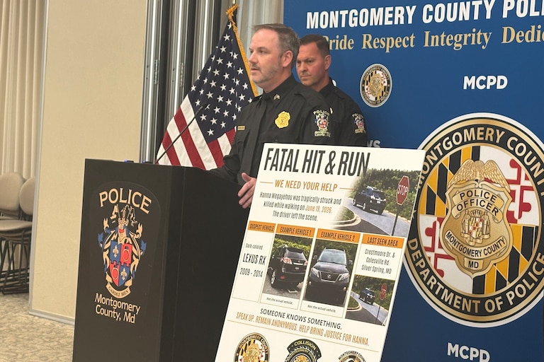 JULY 21, 2026 - Montgomery County Police are asking for the public's help identifying a hit-and-run driver who fled the scene of a fatal crash involving a pedestrian in Silver Spring last month. Montgomery County Police Sgt. Eli Kinser, with the department's Collision Reconstruction Unit speaks at the presser Tuesday.
