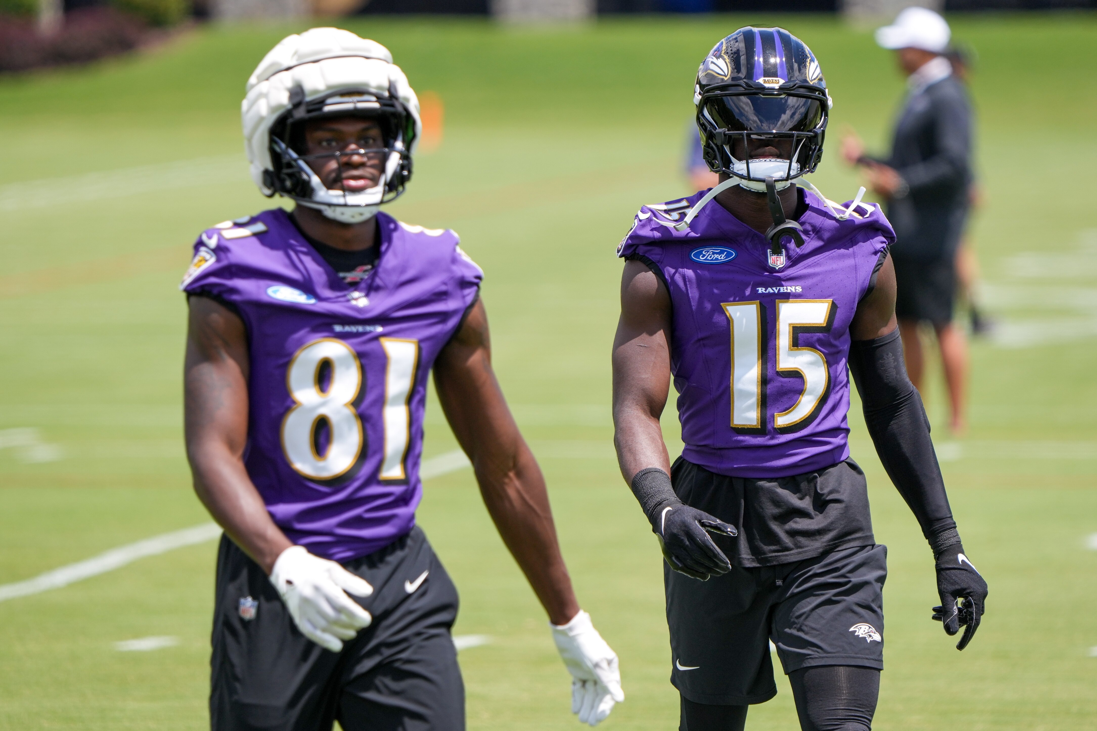 Ravens wide receivers Nelson Agholor (15) and Devontez Walker (81) will look to solidify a position group that always faces scrutiny in Baltimore.
