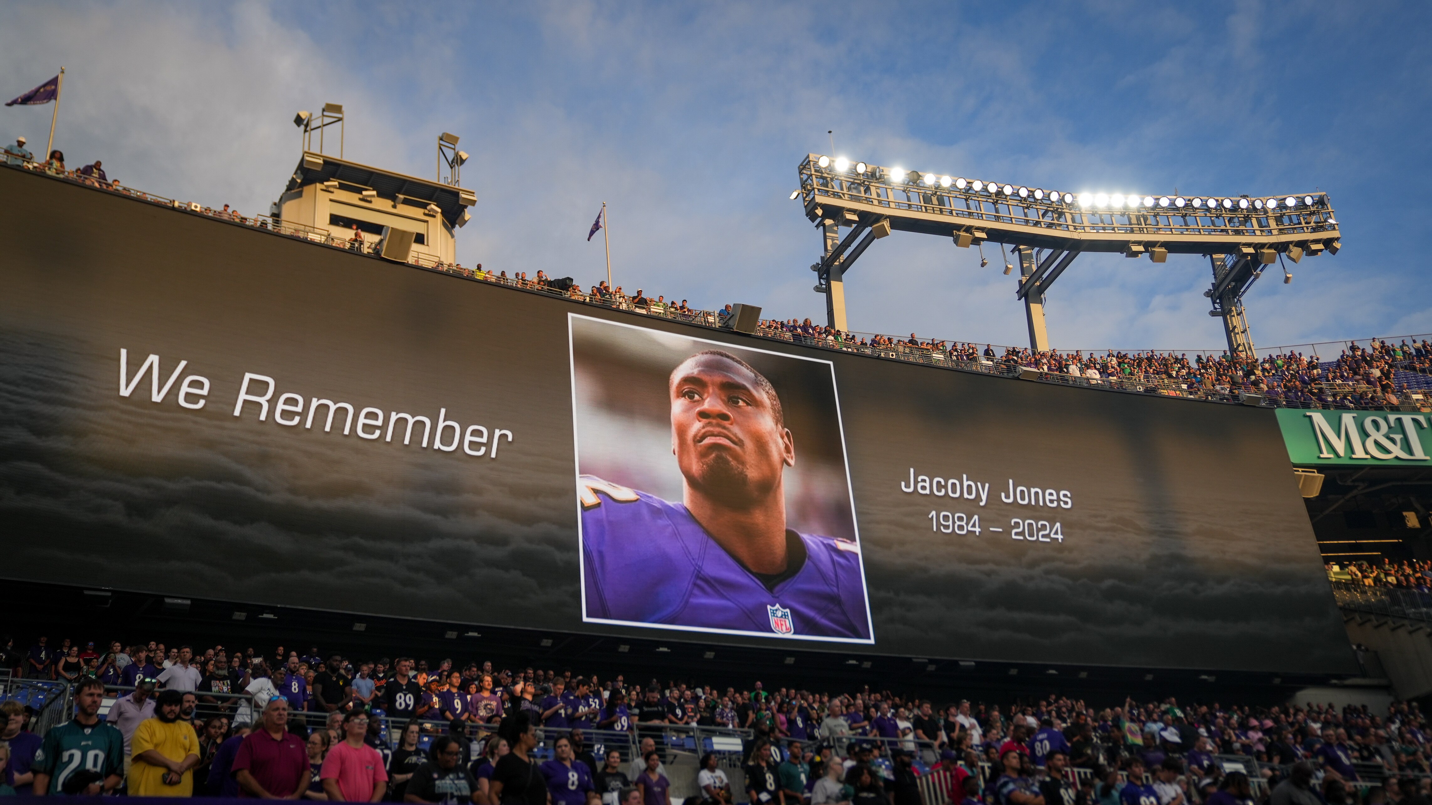 Baltimore Ravens legend Jacoby Jones, who recently passed away, is memorialized in the stadium before the team’s preseason game against the Philadelphia Eagles at M&T Bank Stadium in Baltimore on Friday, Aug. 9, 2024.