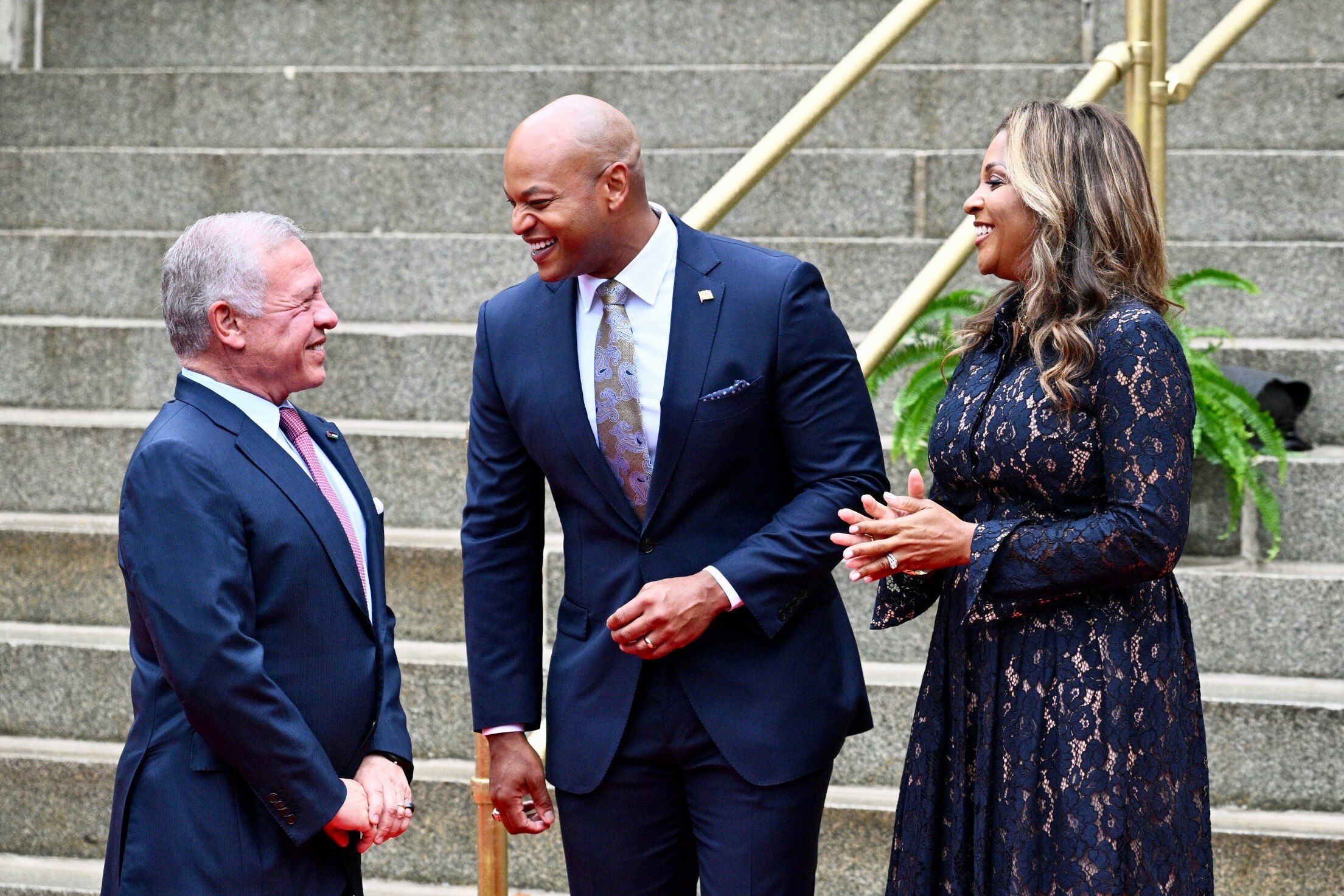 Maryland Governor Wes Moore greets King Abdullah of Jordan on Wednesday, Sept. 25, 2024.