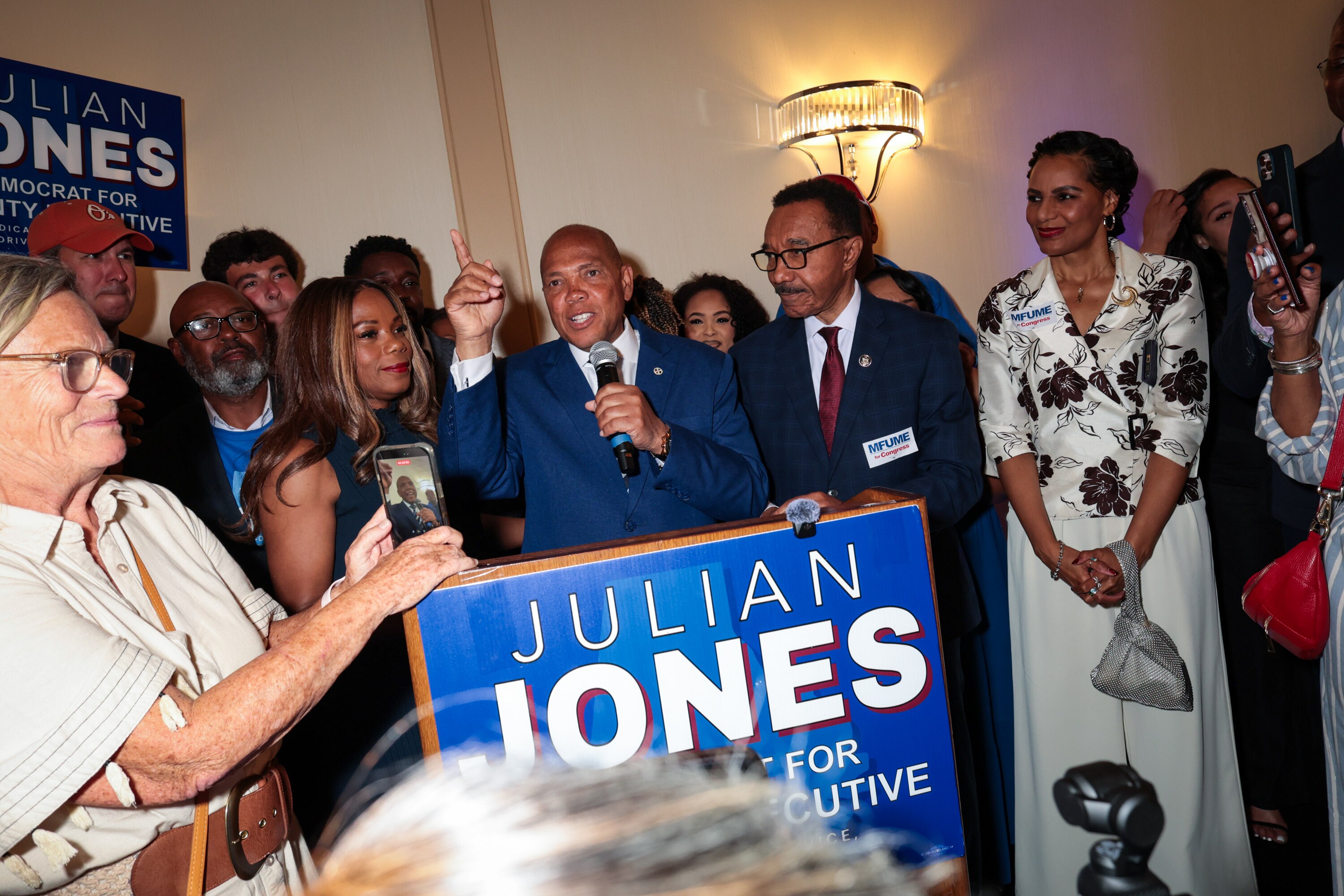 Julian Jones addresses supporters at his primary election night watch party at the Sheraton Baltimore North Hotel in Towson on Tuesday evening.