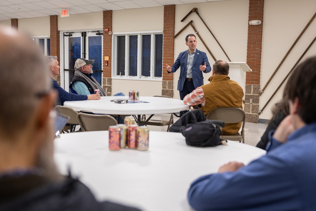 Montgomery County Councilmember Evan Glass, who is running for county executive, speaks to attendees of a Meet and Greet event at Poolesville Memorial United Methodist Church in Poolesville, Maryland.