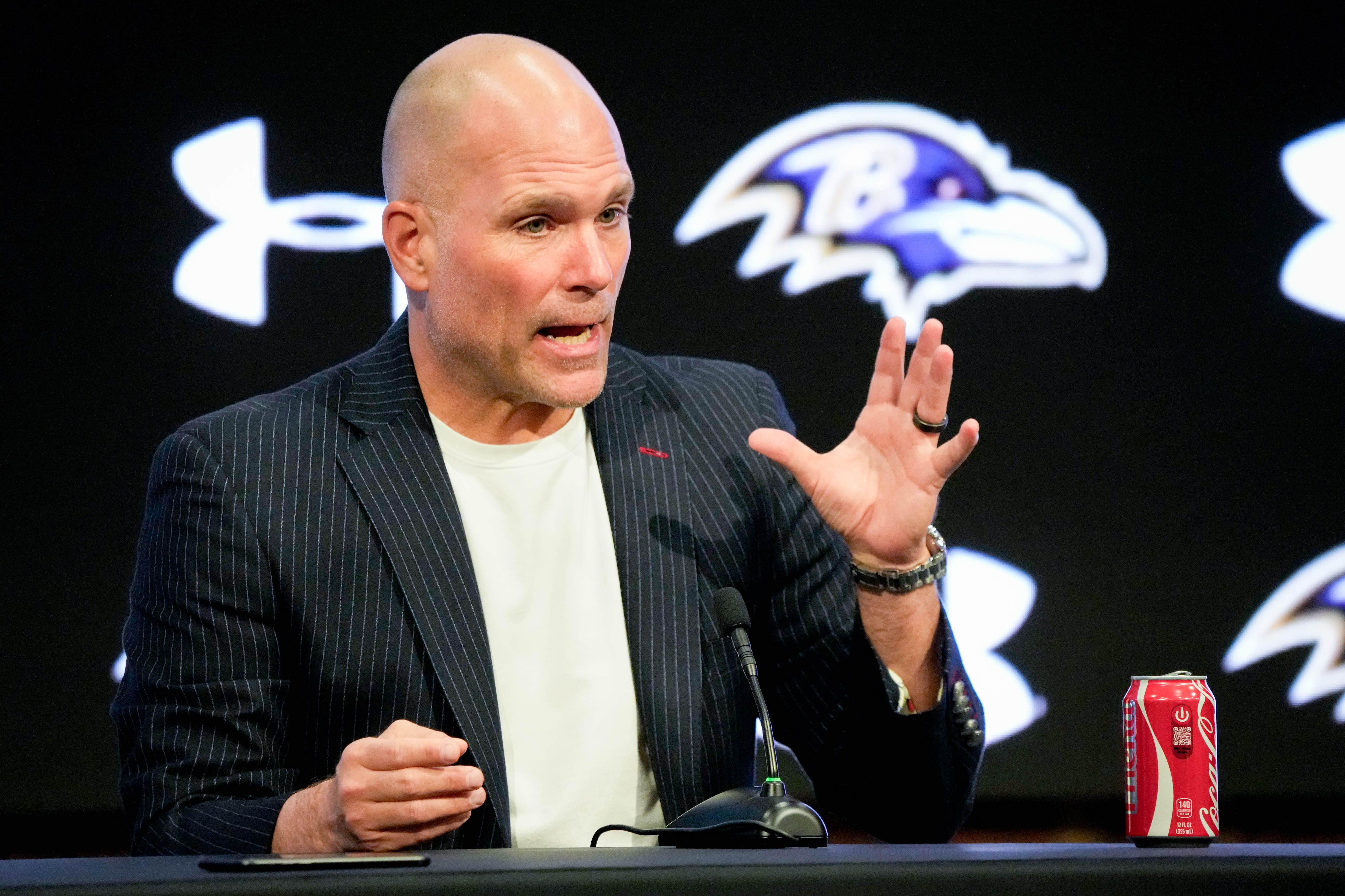 Baltimore Ravens General Manager and Executive Vice President Eric DeCosta takes questions from reporters at the team’s pre-draft news conference at the Under Armour Performance Center in Owings Mills, Md. on Tuesday, April 15, 2025.