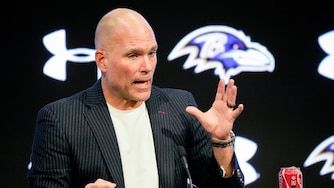 Baltimore Ravens General Manager and Executive Vice President Eric DeCosta takes questions from reporters at the teamβs pre-draft news conference at the Under Armour Performance Center in Owings Mills, Md. on Tuesday, April 15, 2025.