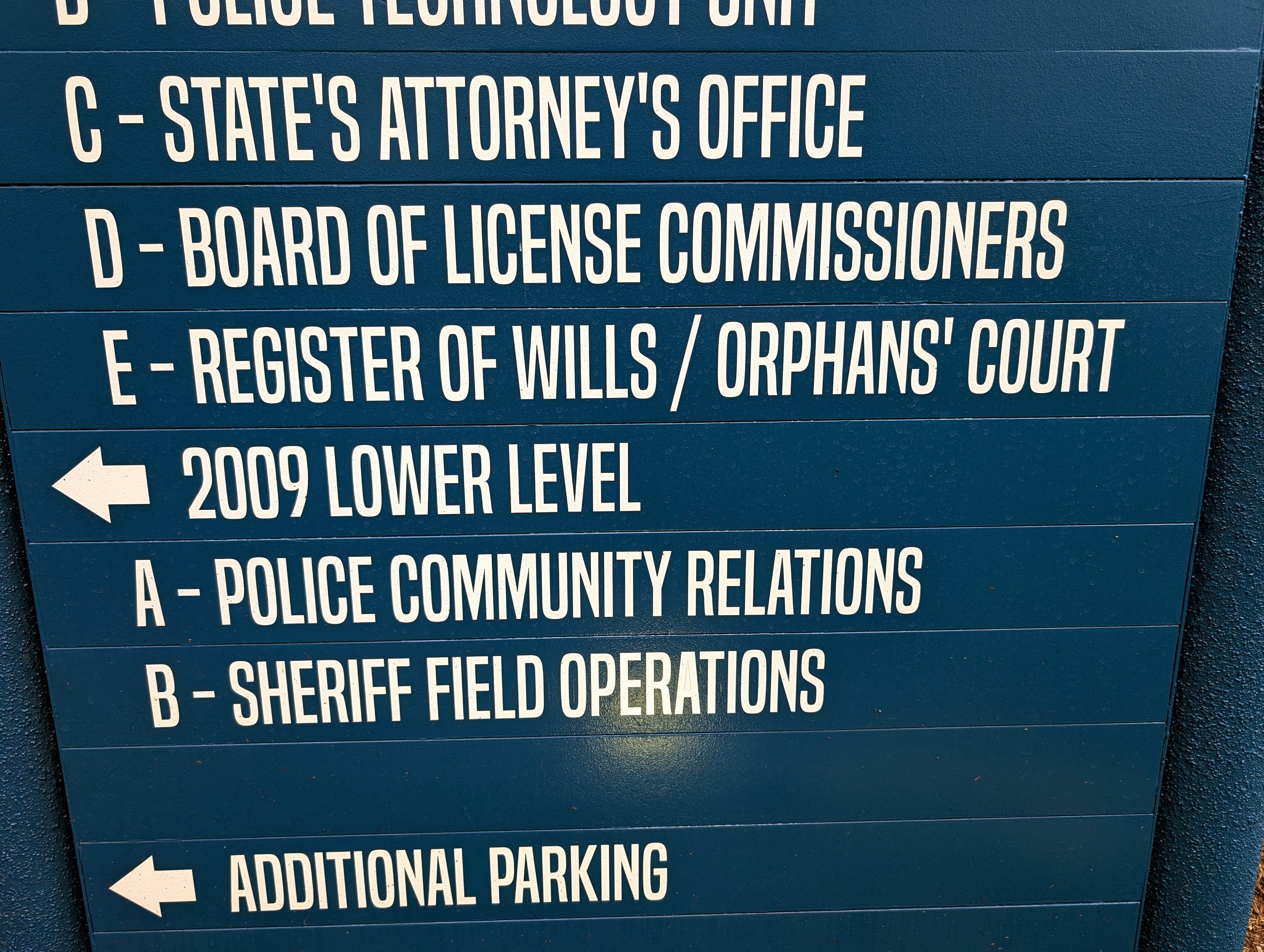 The sign outside an obscure office building near Annapolis points toward the Anne Arundel County Orphans Court.