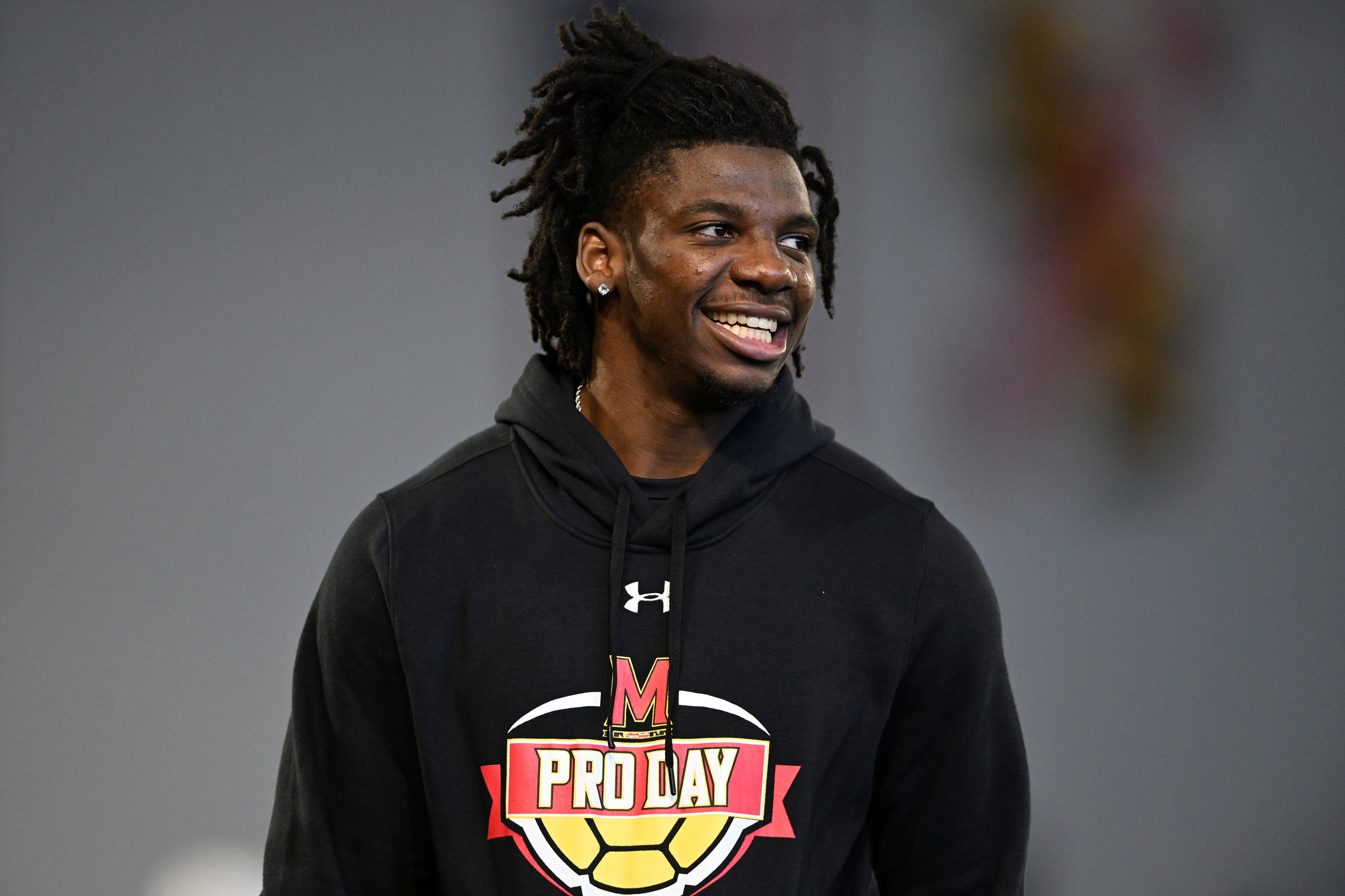 Cornerback Deonte Banks watches from the sidelines during Maryland's football pro day on Wednesday, March 29, 2023, in College Park, Md. Banks did not participate in the workout.