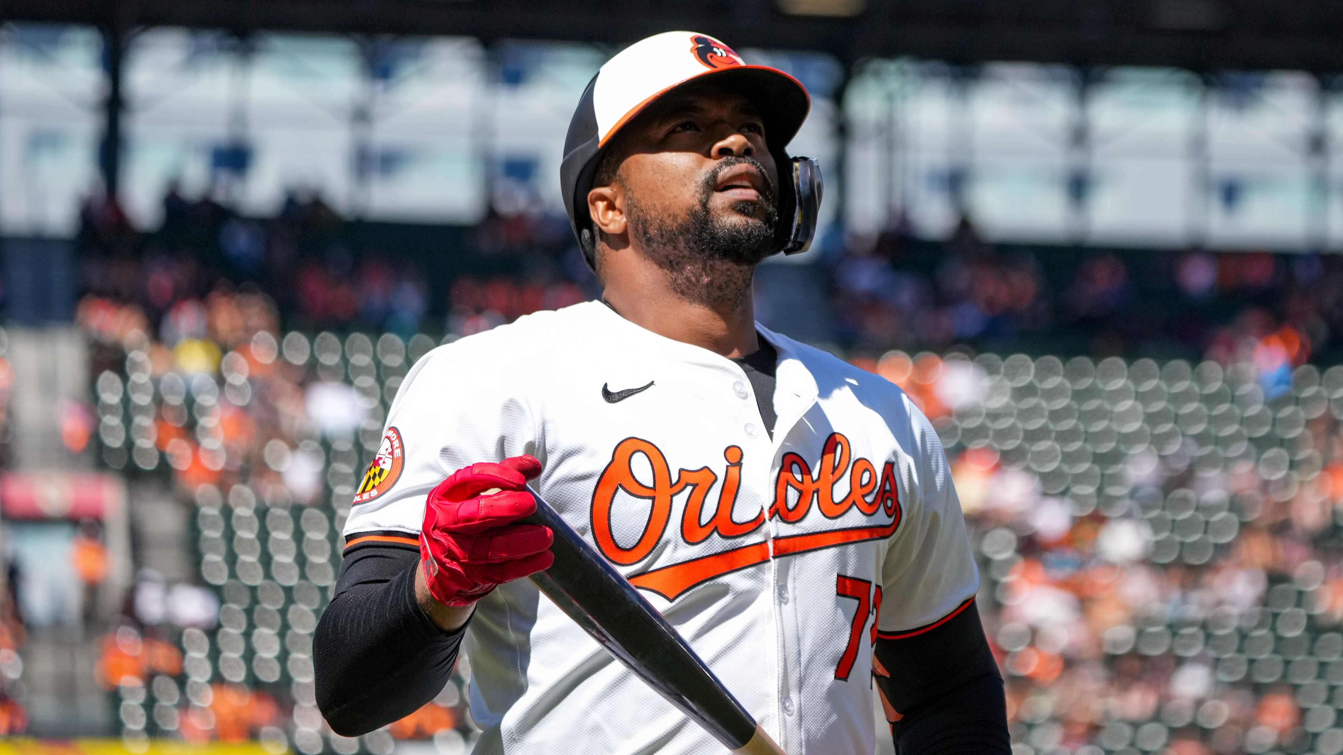 Baltimore Orioles designated hitter Eloy Jiménez (72) looks up in frustration after striking out during a game against the Tampa Bay Rays at Camden Yards in Baltimore on September 8, 2024.