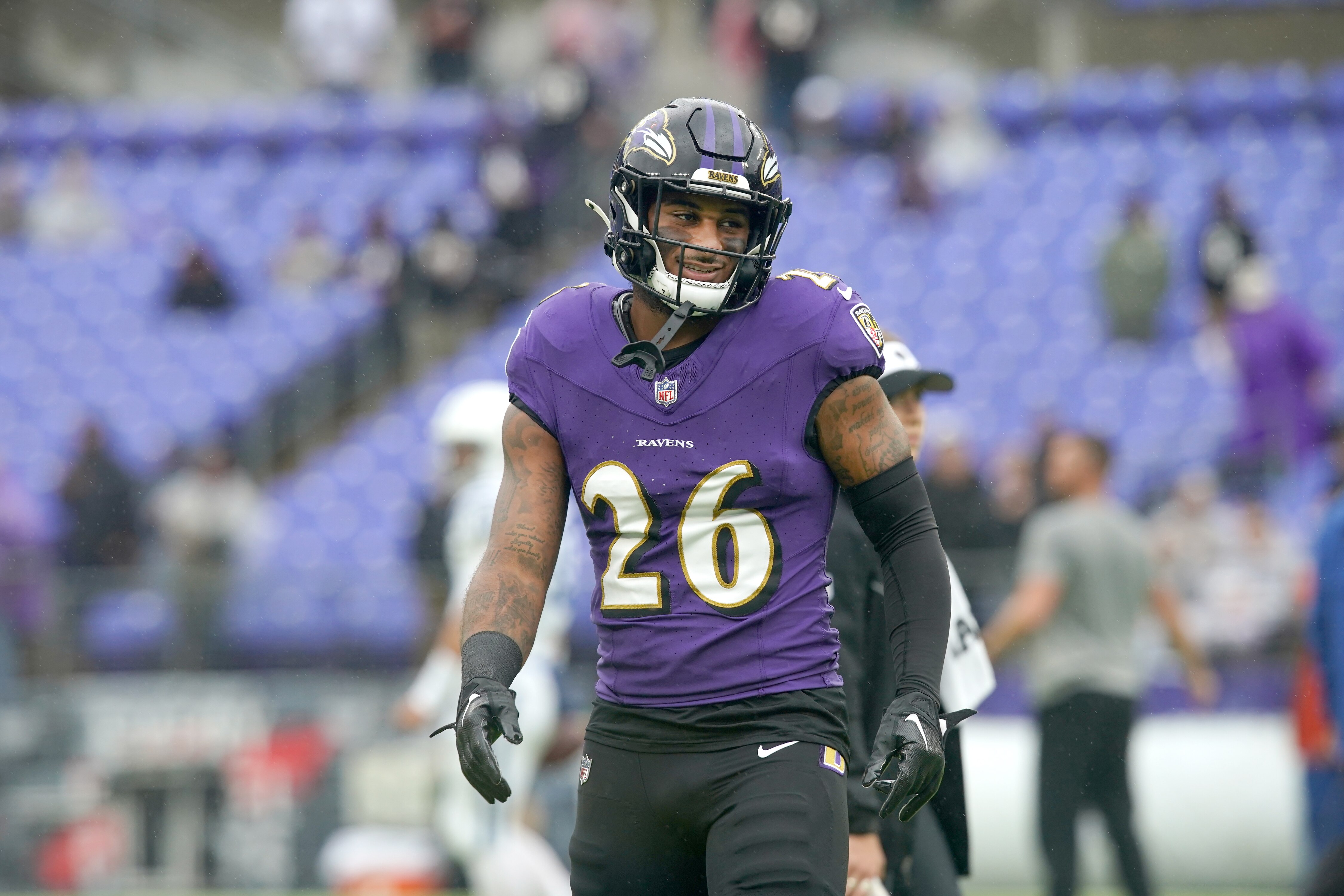 Baltimore Ravens safety Geno Stone (26) during pre-game warm-up in a game against the Indianapolis Colts at M&T Bank Stadium on Sunday, Sept. 24, 2023. Stone inured his ribs during the game, becoming another on a long list of Ravens who have missed snaps this season.