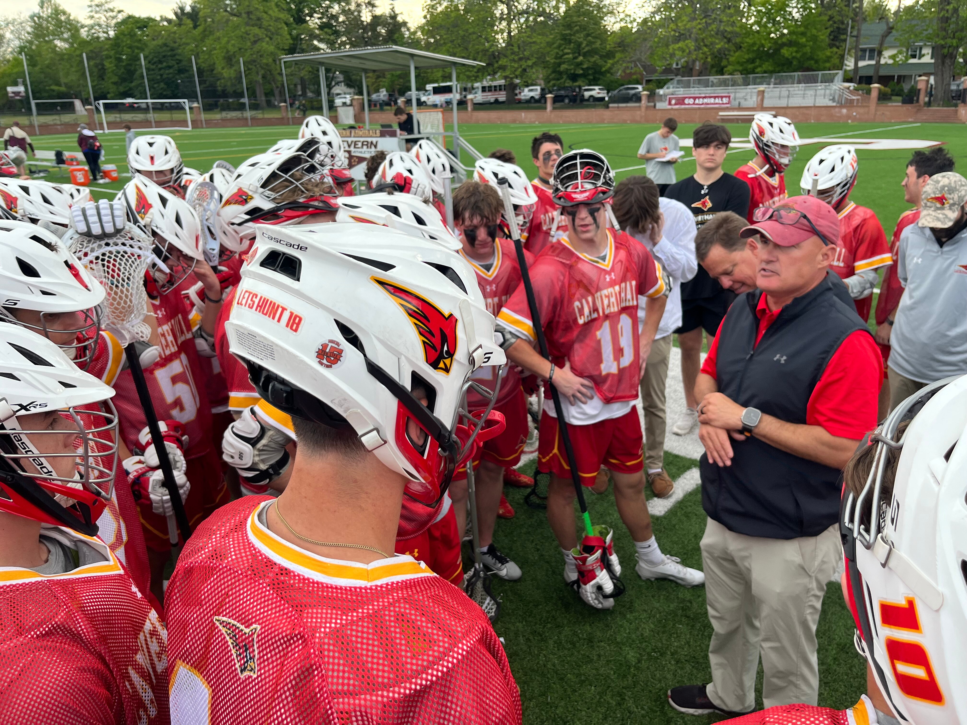 Calvert Hall lacrosse coach Bryan Kelly (black jacket) talks after Friday's victory over Severn. The second-ranked Cardinals won for the seventh time in their last eight MIAA A Conference decisions with a 10-6 victory over the No. 10 Admirals at Barbour Family Stadium in Anne Arundel County.