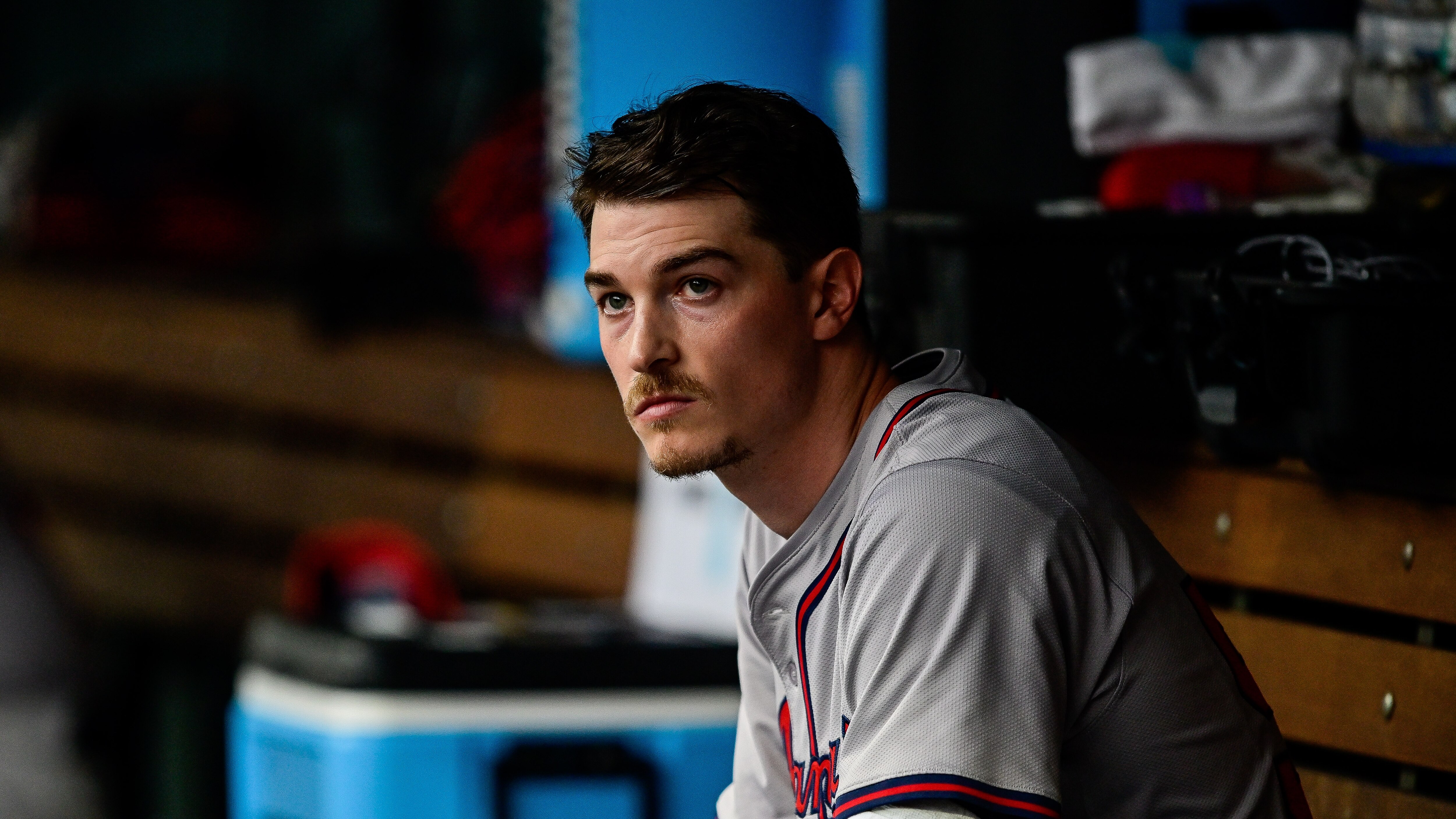 DENVER, COLORADO - AUGUST 10: Max Fried #54 of the Atlanta Braves looks on from the dugout in a game against the Colorado Rockies in the first inning at Coors Field on August 10, 2024 in Denver, Colorado. (Photo by Dustin Bradford/Getty Images)