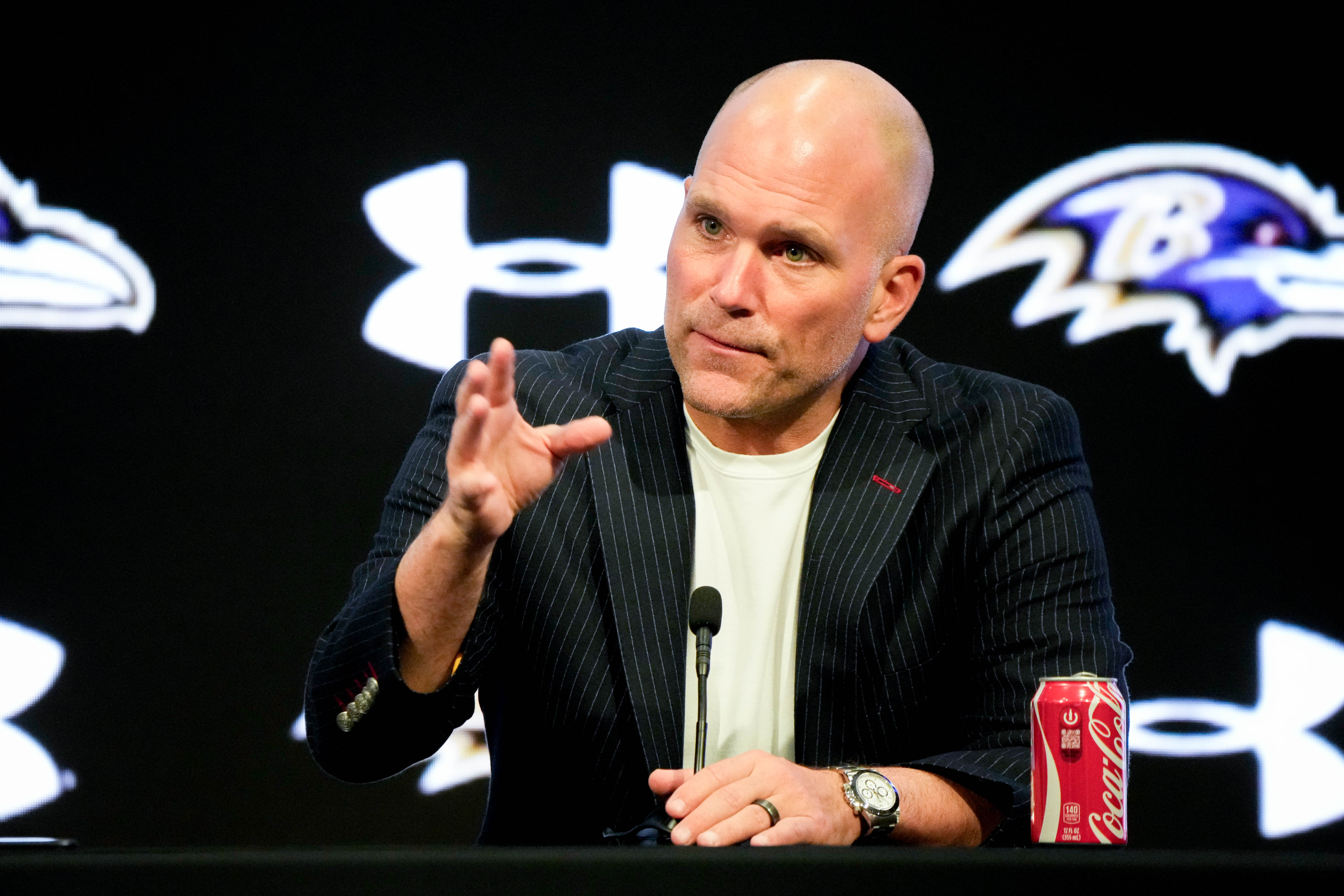 Ravens general manager Eric DeCosta takes questions from reporters at the team’s predraft news conference in April.