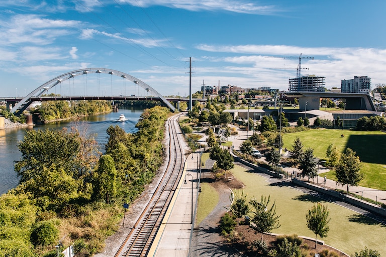 Downtown Nashville, Tennessee, Cumberland River Nashville. View of Korean Veterans Bridge / Korean Veterans Blvd. from John Seigenthaler Pedestrian Bridge.