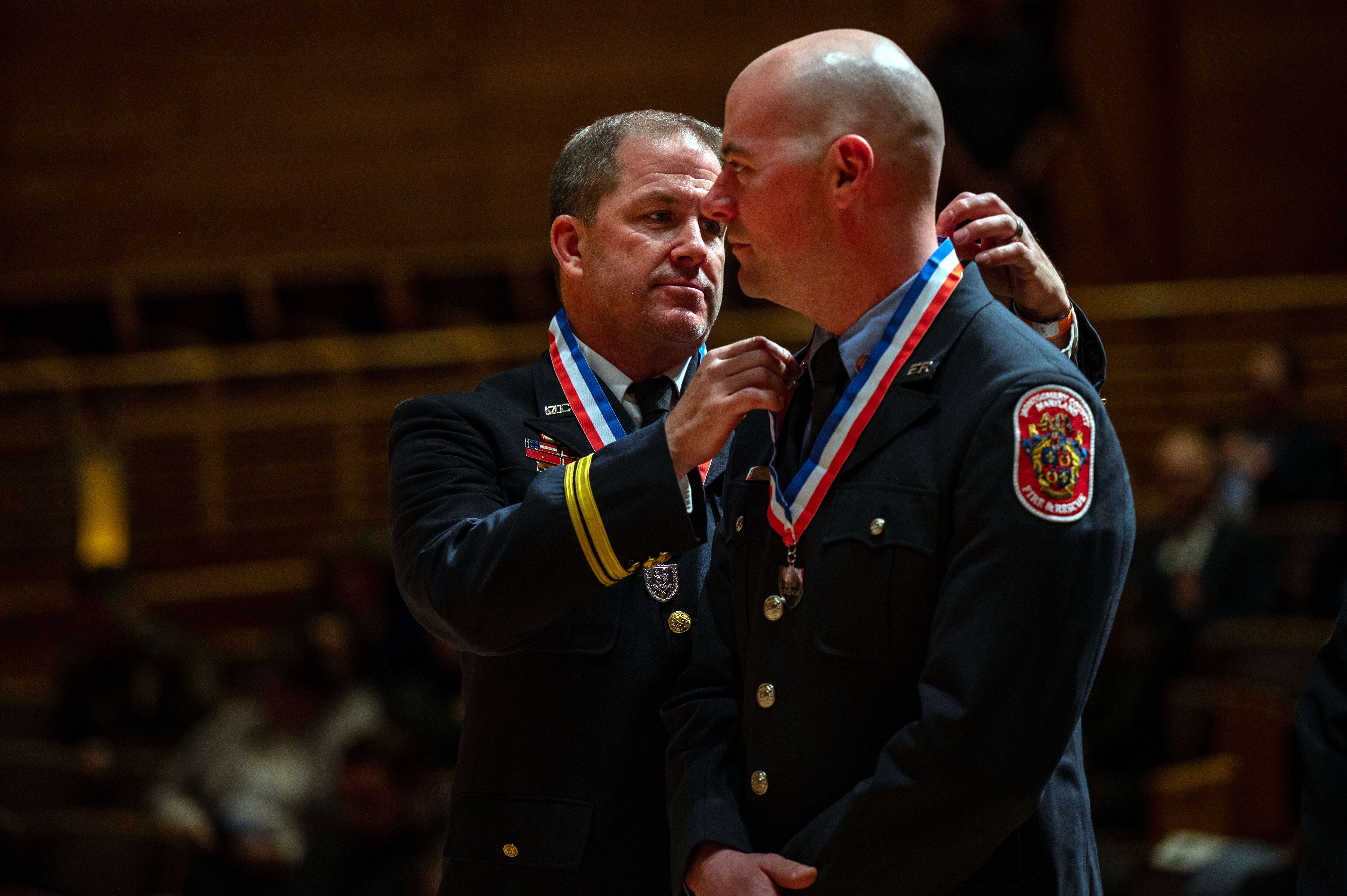 Montgomery County Firefighters Kevin Young, left, and Levi Freeburn were two among a group of 12 firefighters who received silver medals during the 51st annual Public Safety Awards ceremony, hosted by the Montgomery County Government and the Montgomery County Chamber of Commerce on Friday.