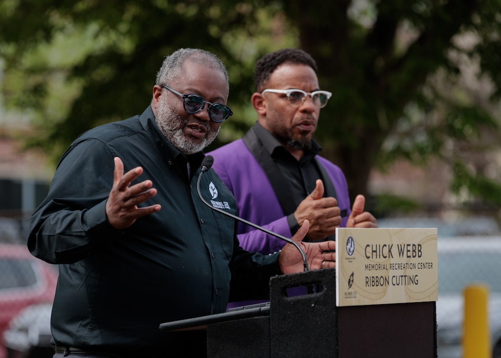 Thursday, April 16, 2026, in Baltimore — Baltimore City Recreation & Parks Director Dr. Reginald Moore speaks at the grand reopening of the historic Chick Webb Memorial Recreation Center in East Baltimore.