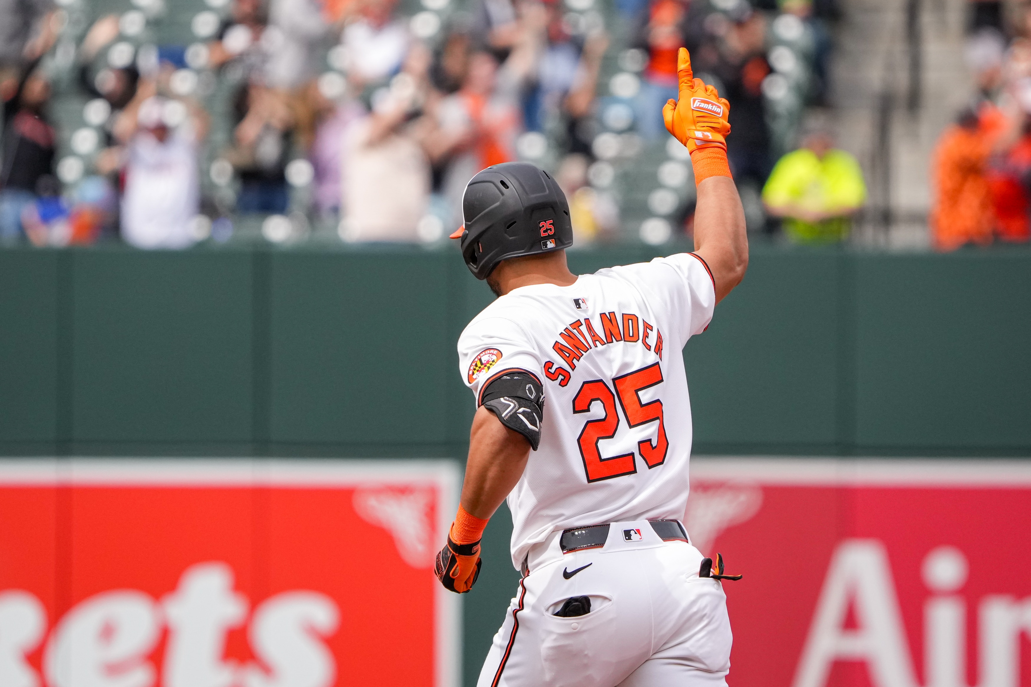 Orioles outfielder Anthony Santander points to the sky after hitting a home run in April.
