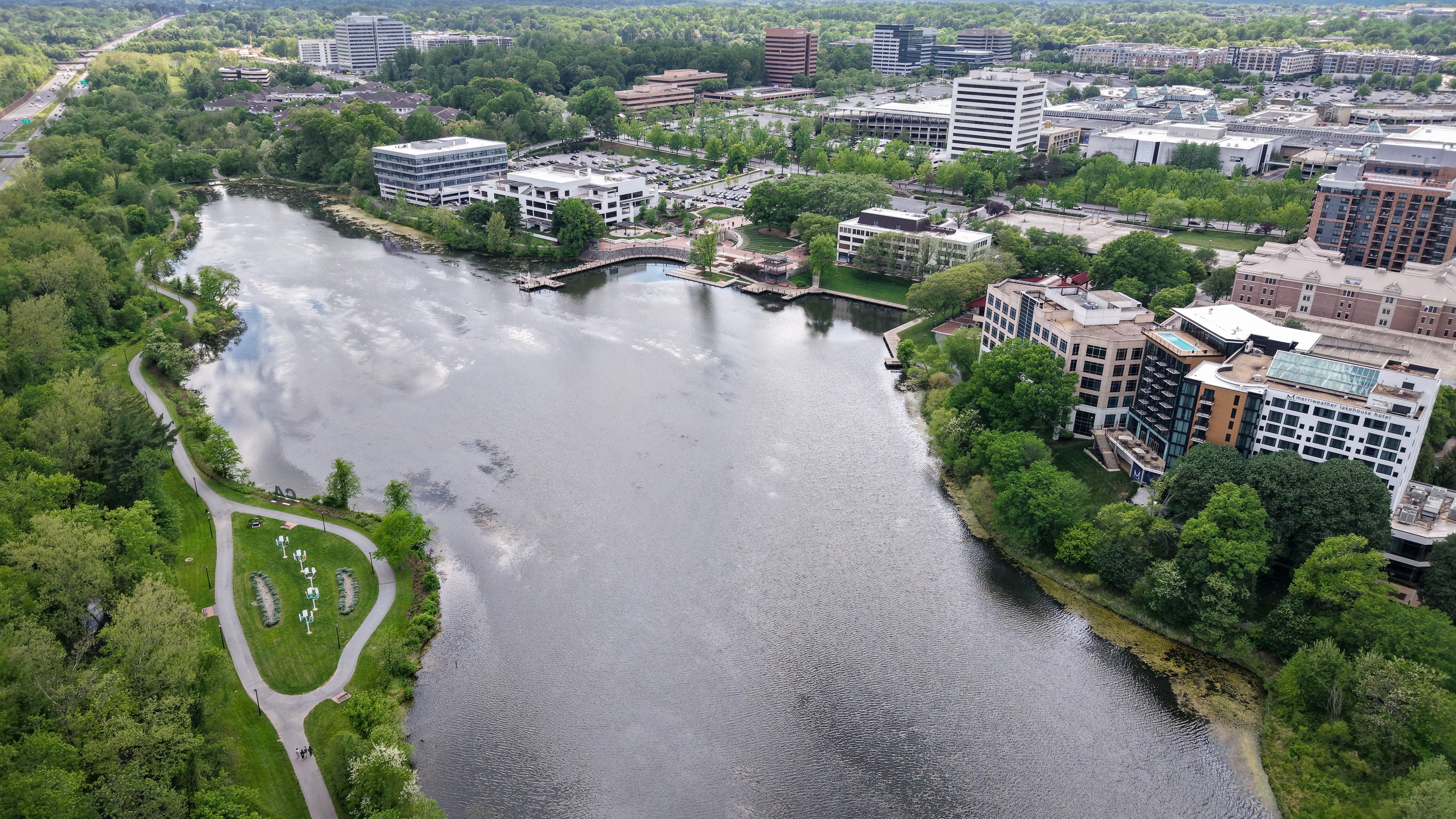 Aerial view of Lake Kittamaqundi near the Mall in Columbia, Md. on Friday, May 2, 2025.