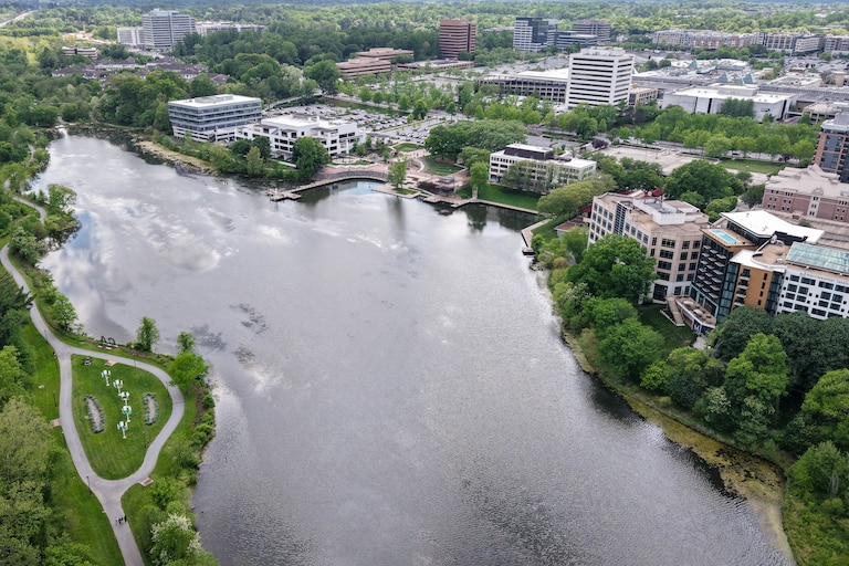 Aerial view of Lake Kittamaqundi near the Mall in Columbia, Md. on Friday, May 2, 2025.