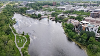 Aerial view of Lake Kittamaqundi near the Mall in Columbia, Md. on Friday, May 2, 2025.