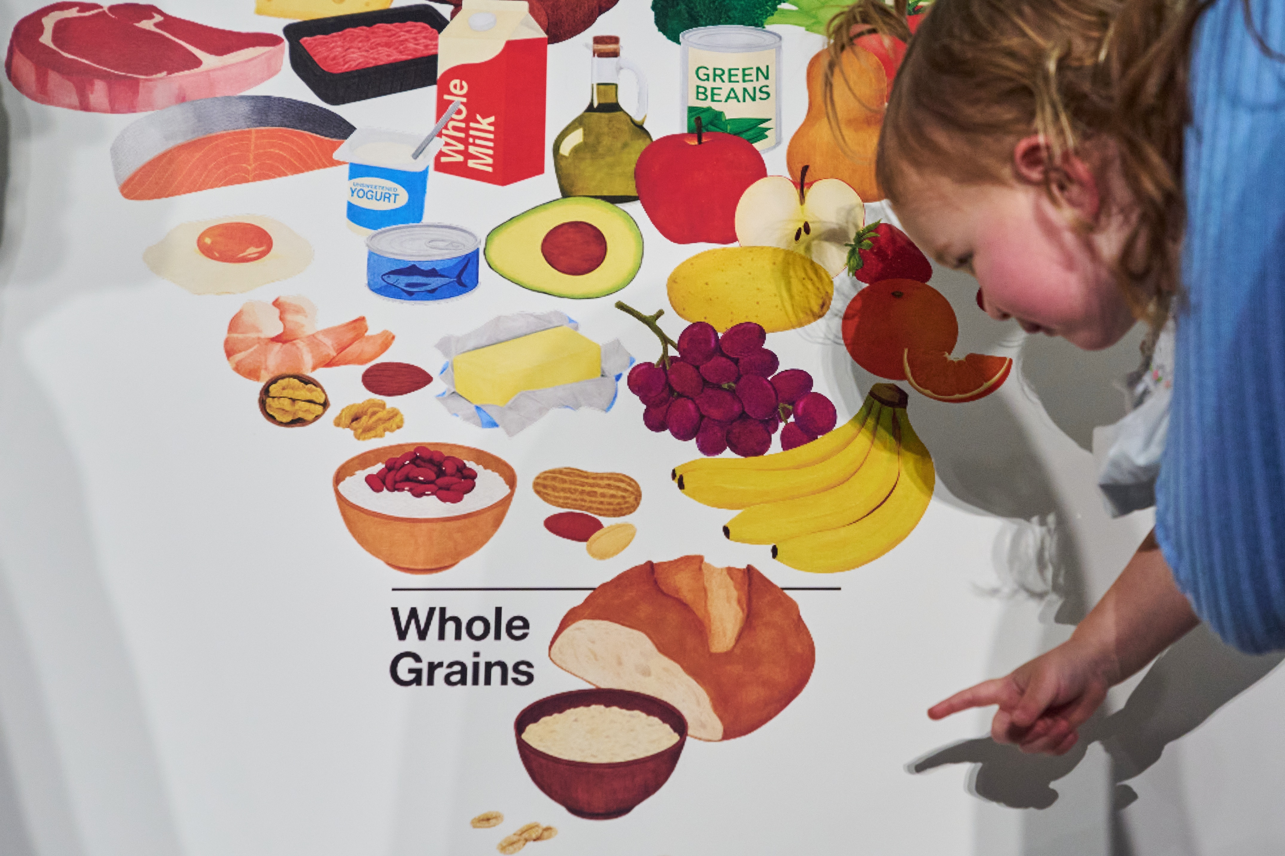 Elle, 18 months, reaches toward the bread at the bottom of the revised food pyramid while held by her mother Claire Dooley, after an announcement by Health and Human Services Secretary Robert F. Kennedy Jr., about nutrition policy, at Health and Human Services Headquarters, Thursday, Jan. 8, 2026, in Washington.