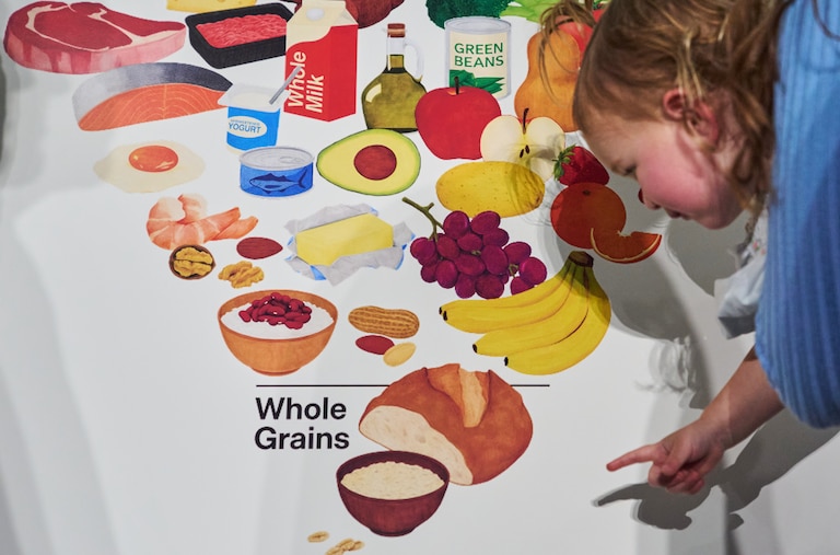 Elle, 18 months, reaches toward the bread at the bottom of the revised food pyramid while held by her mother Claire Dooley, after an announcement by Health and Human Services Secretary Robert F. Kennedy Jr., about nutrition policy, at Health and Human Services Headquarters, Thursday, Jan. 8, 2026, in Washington.