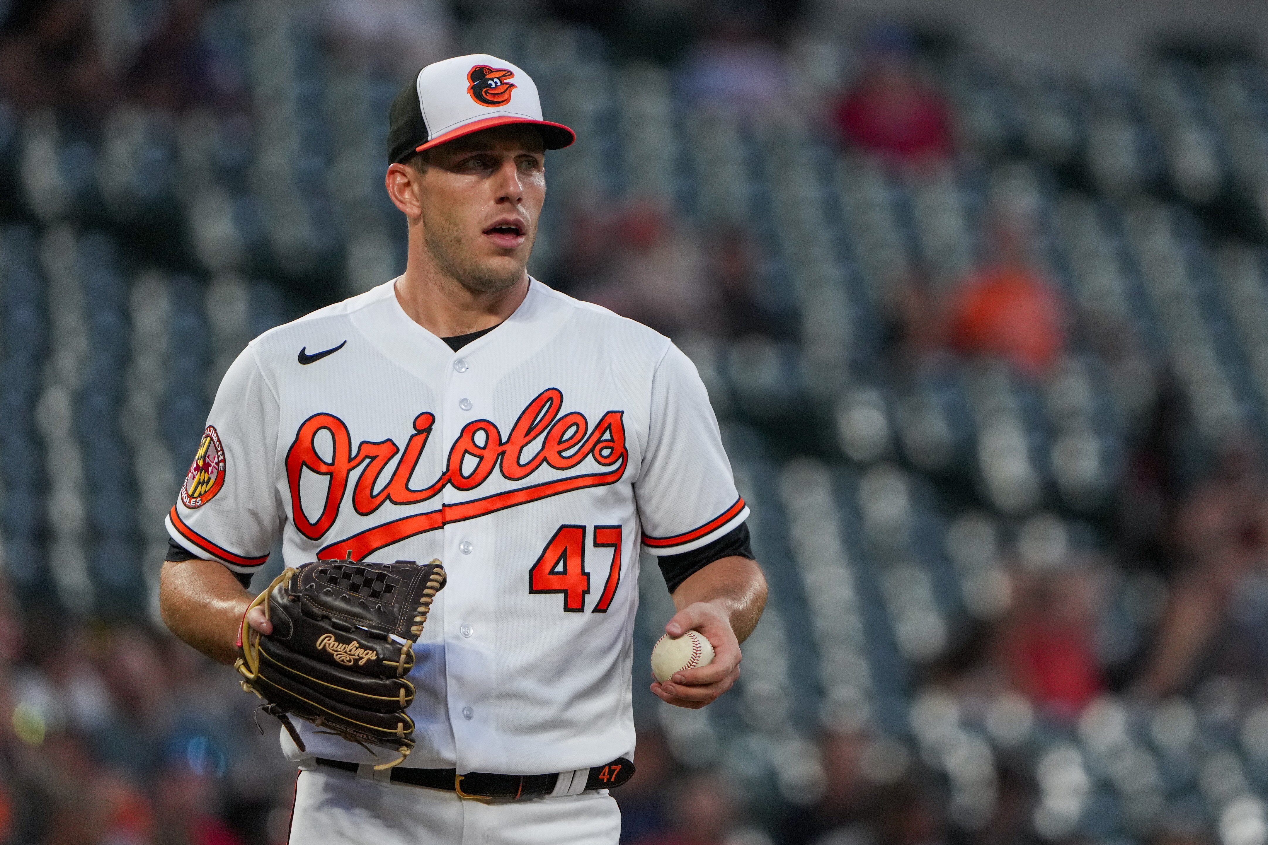 Baltimore Orioles starting pitcher John Means (47) gets ready to pitch during a baseball game against the St. Louis Cardinals on Tuesday, September 12, 2023.