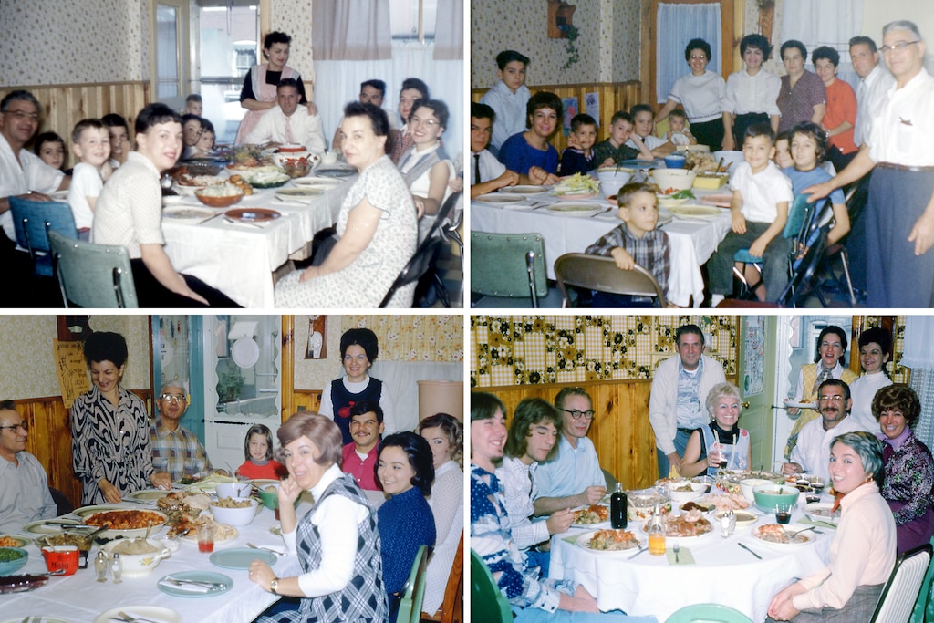 The Dobry family has gathered for Thanksgiving in the same house for decades. From top left, the family in the kitchen in 1957, 1961, 1972, and 1975.