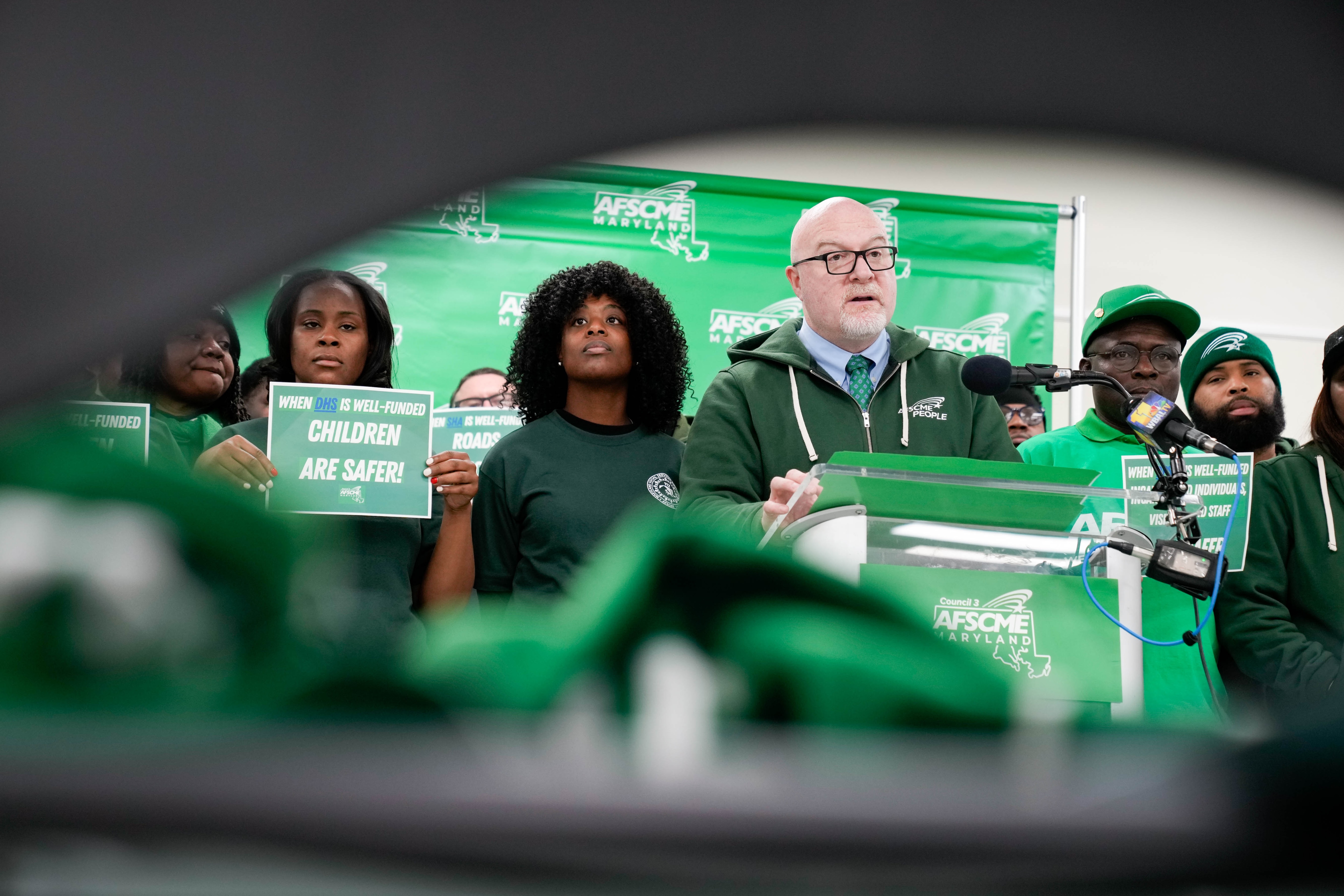 Patrick Moran, president of AFSCME Maryland Council 3, gives remarks during a news conference at the group’s headquarters in Baltimore on Tuesday.