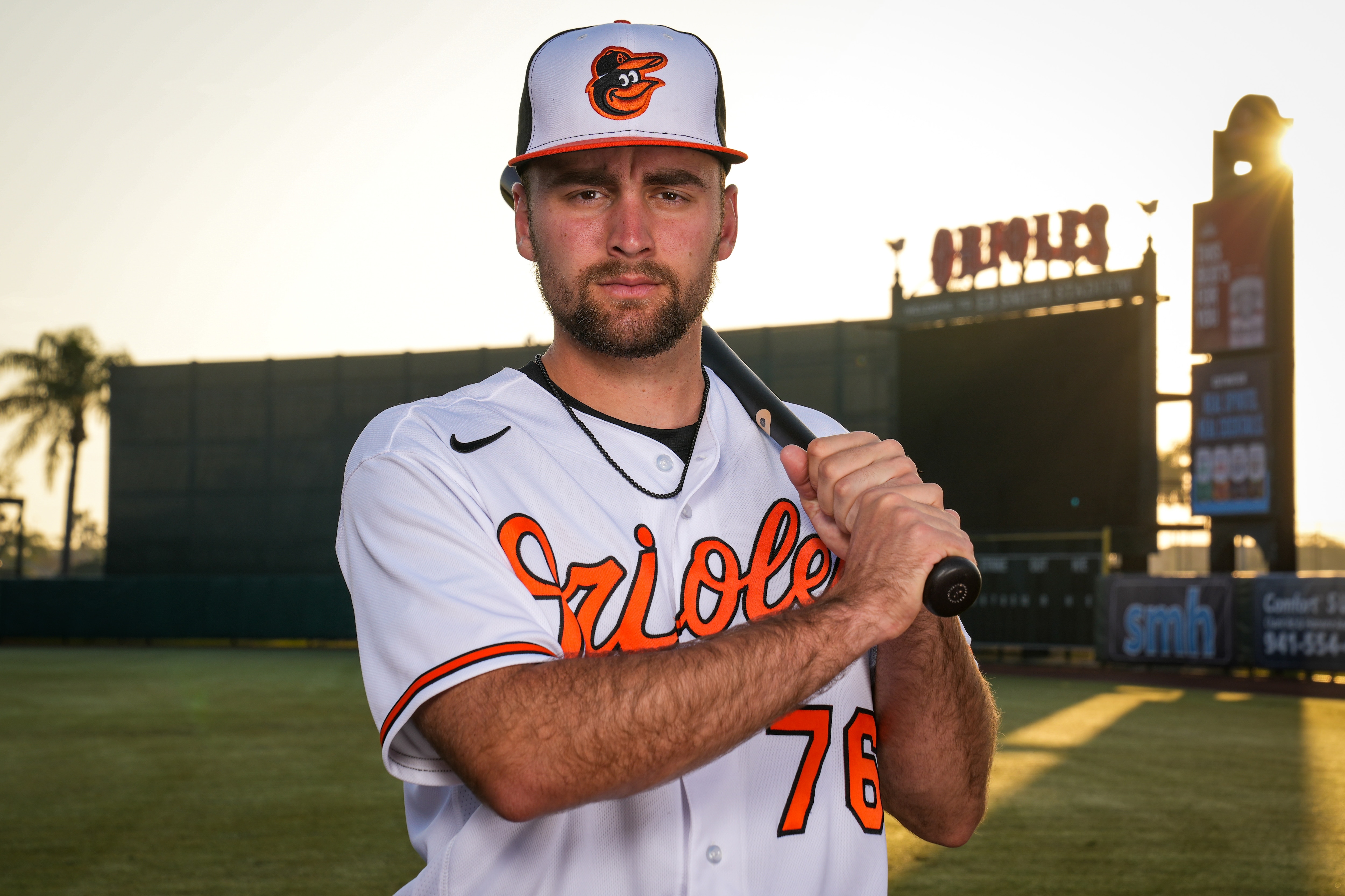 Colton Cowser (76) poses for a portrait during photo day at Ed Smith Stadium in Sarasota on Feb. 23, 2023.